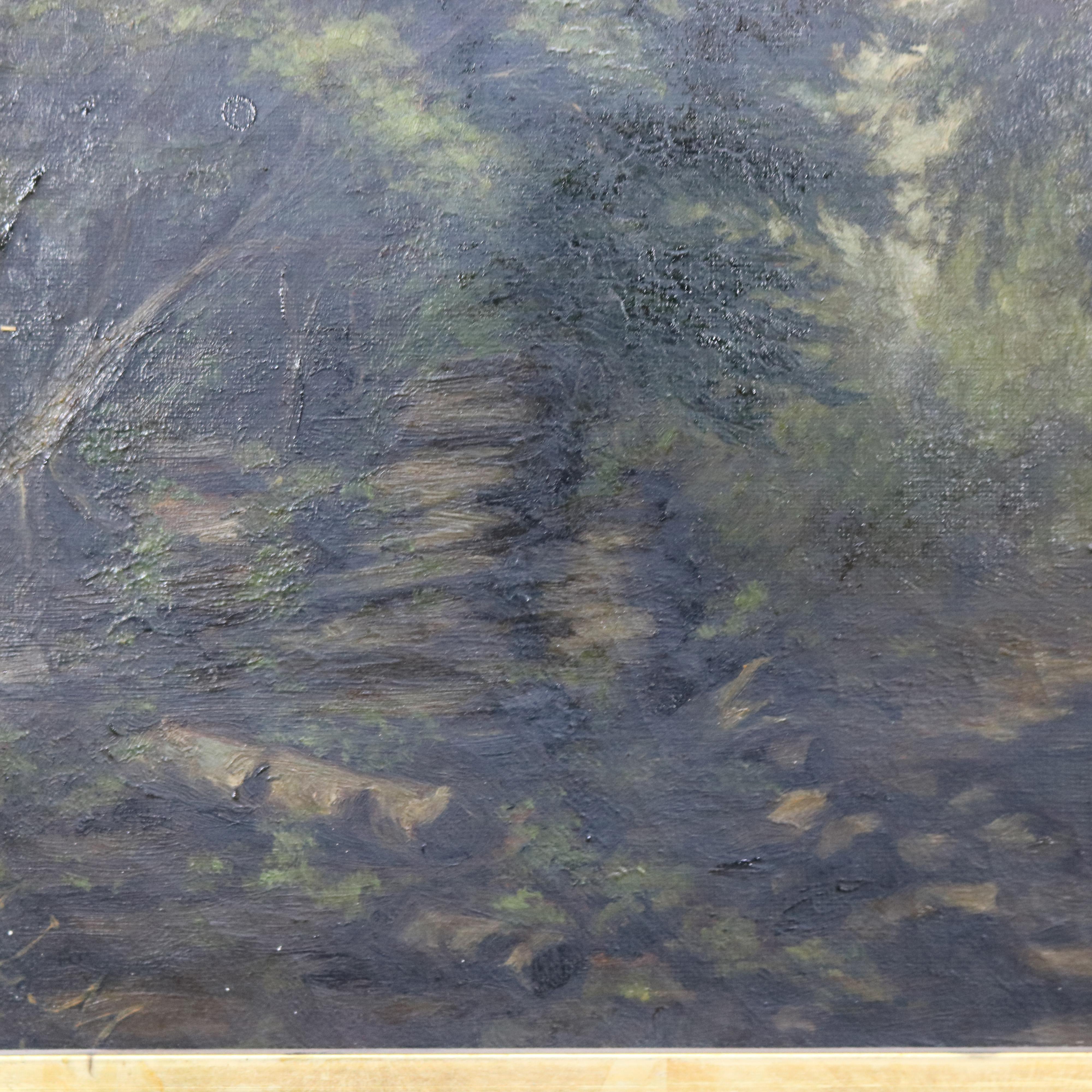 Hand-Painted Antique Hudson River School Oil Painting of Waterfront Scene, Signed MLM, c1890