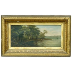 Antique Hudson River School Oil Painting of Waterfront Scene, Signed MLM, c1890