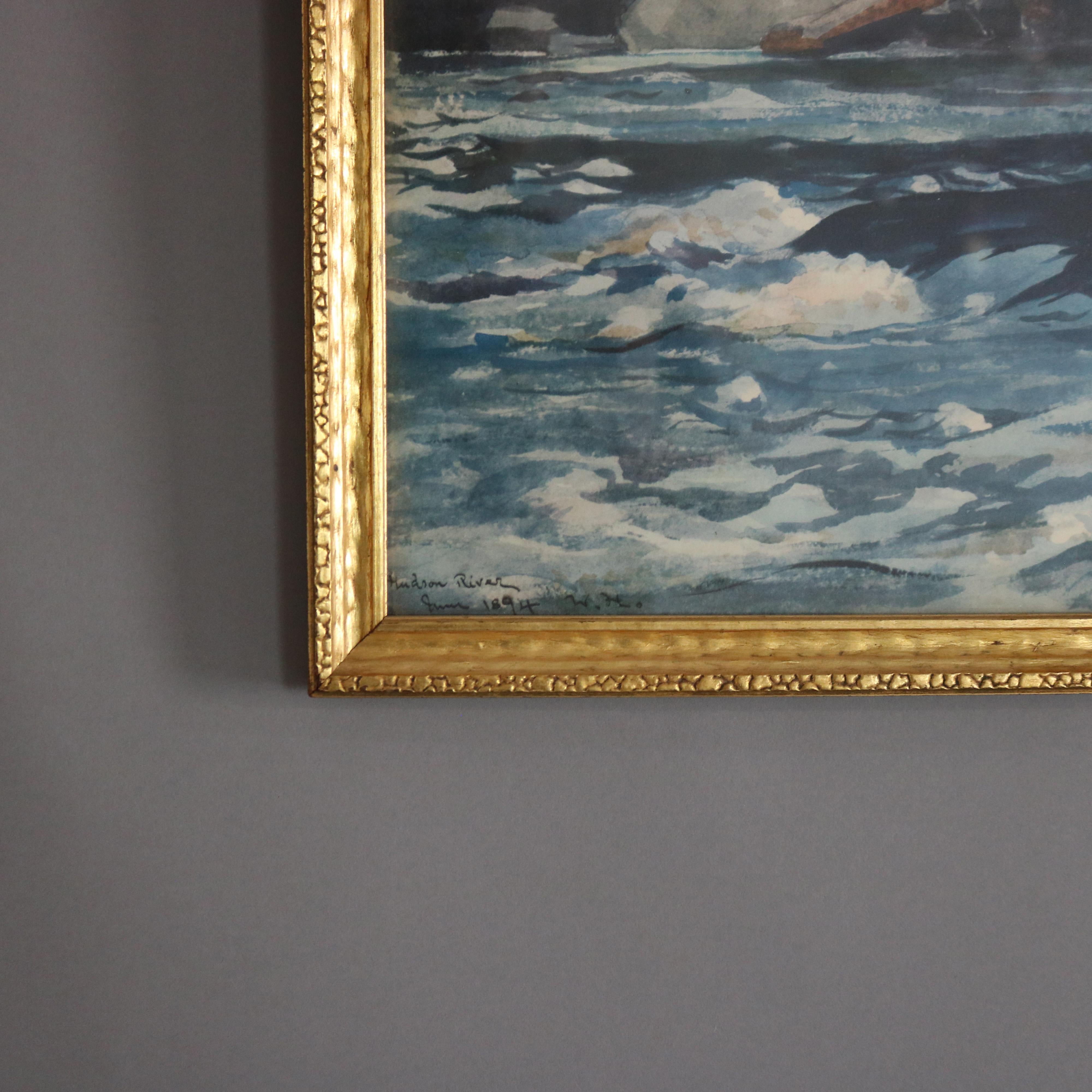 Antigua escena fluvial en acuarela de la Escuela del Río Hudson, firmada por el artista, C1894 siglo XIX en venta