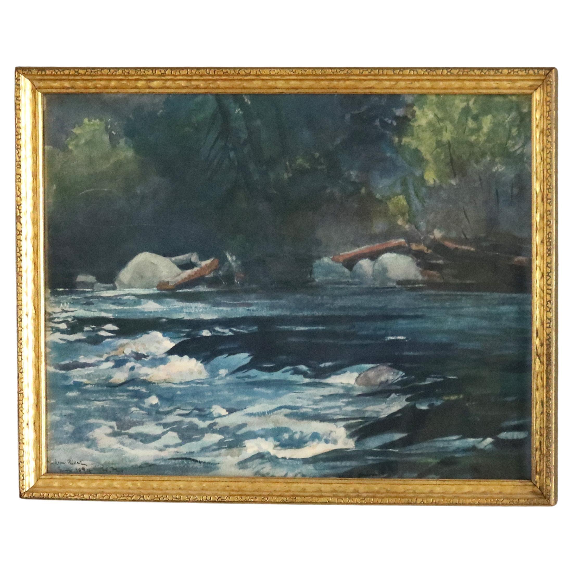 Antique Hudson River School Watercolor River Scene, Artist Signed, C1894