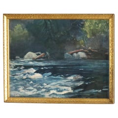 Antico acquerello della Hudson River School, scena fluviale, firmato dall'artista, C1894