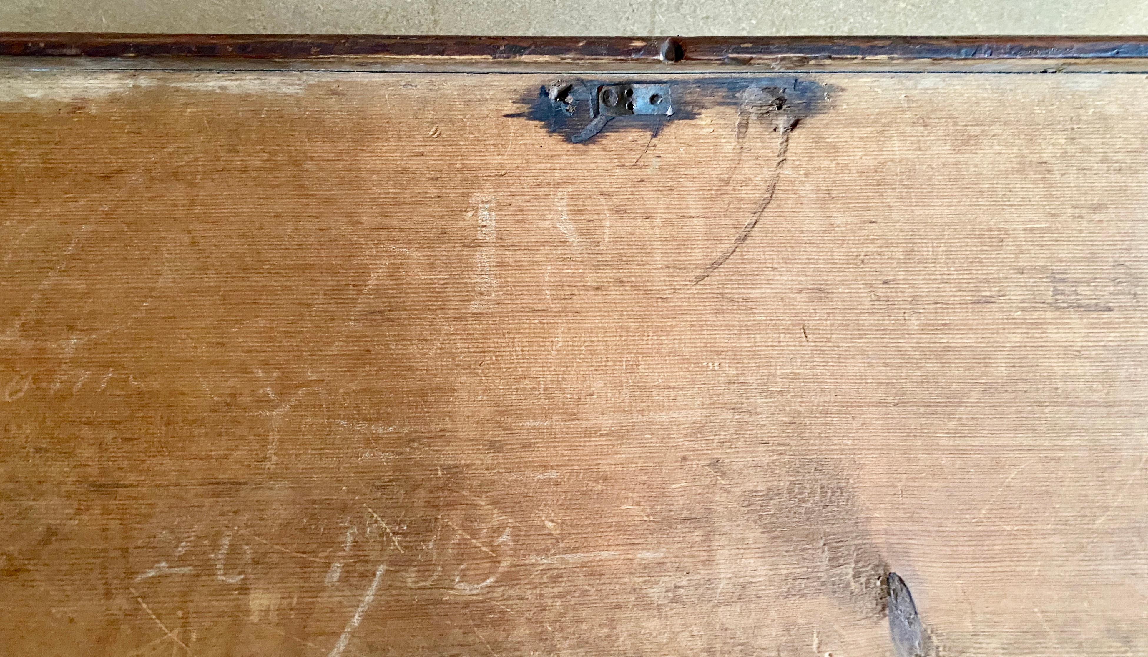 18th century Hudson Valley blanket box in wonderful old red paint signed and dated on the interior lid 1783 & 1802