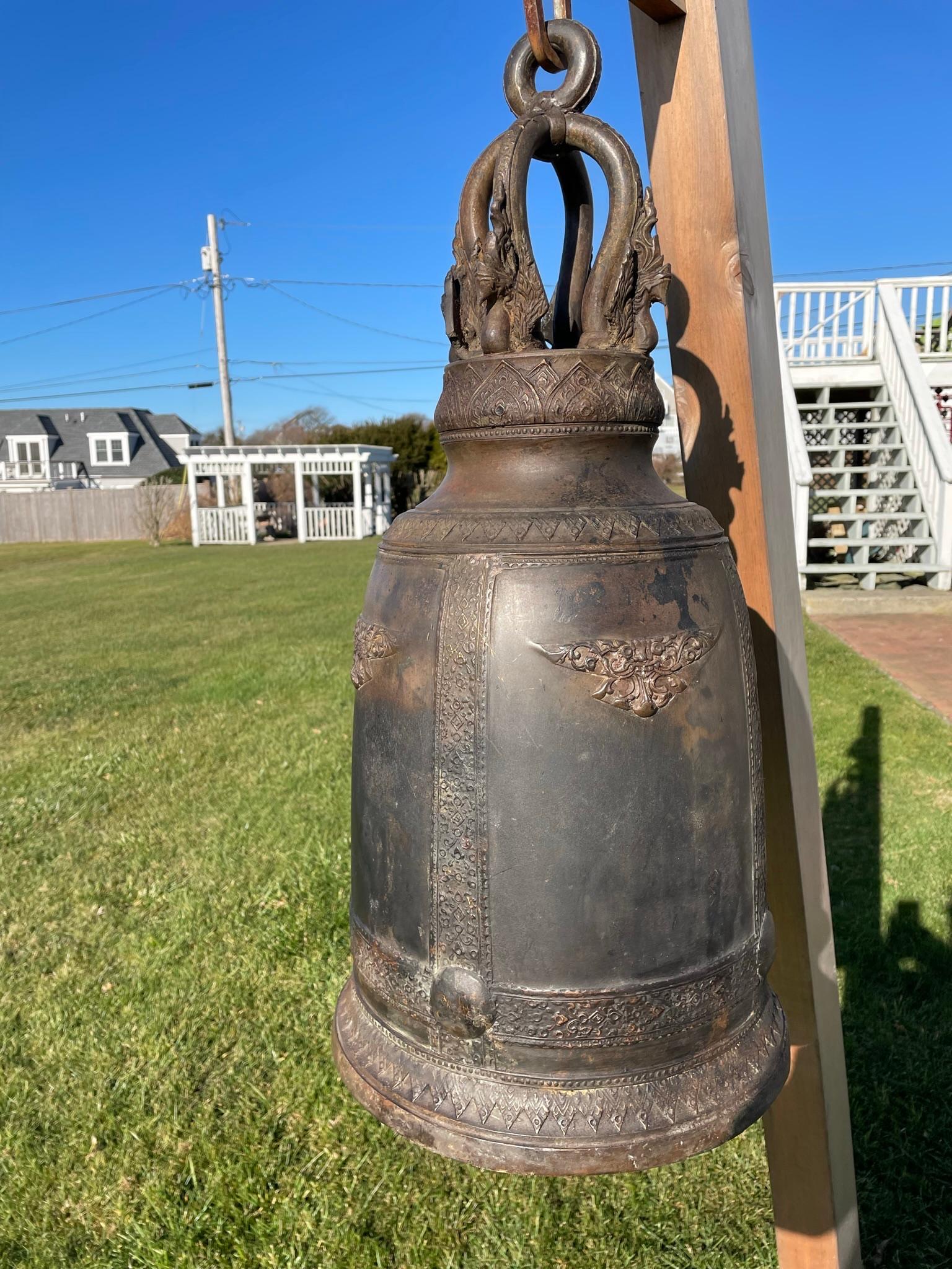 Antique Huge Bronze Bell and Custom Stand Resonates Calming Sound For