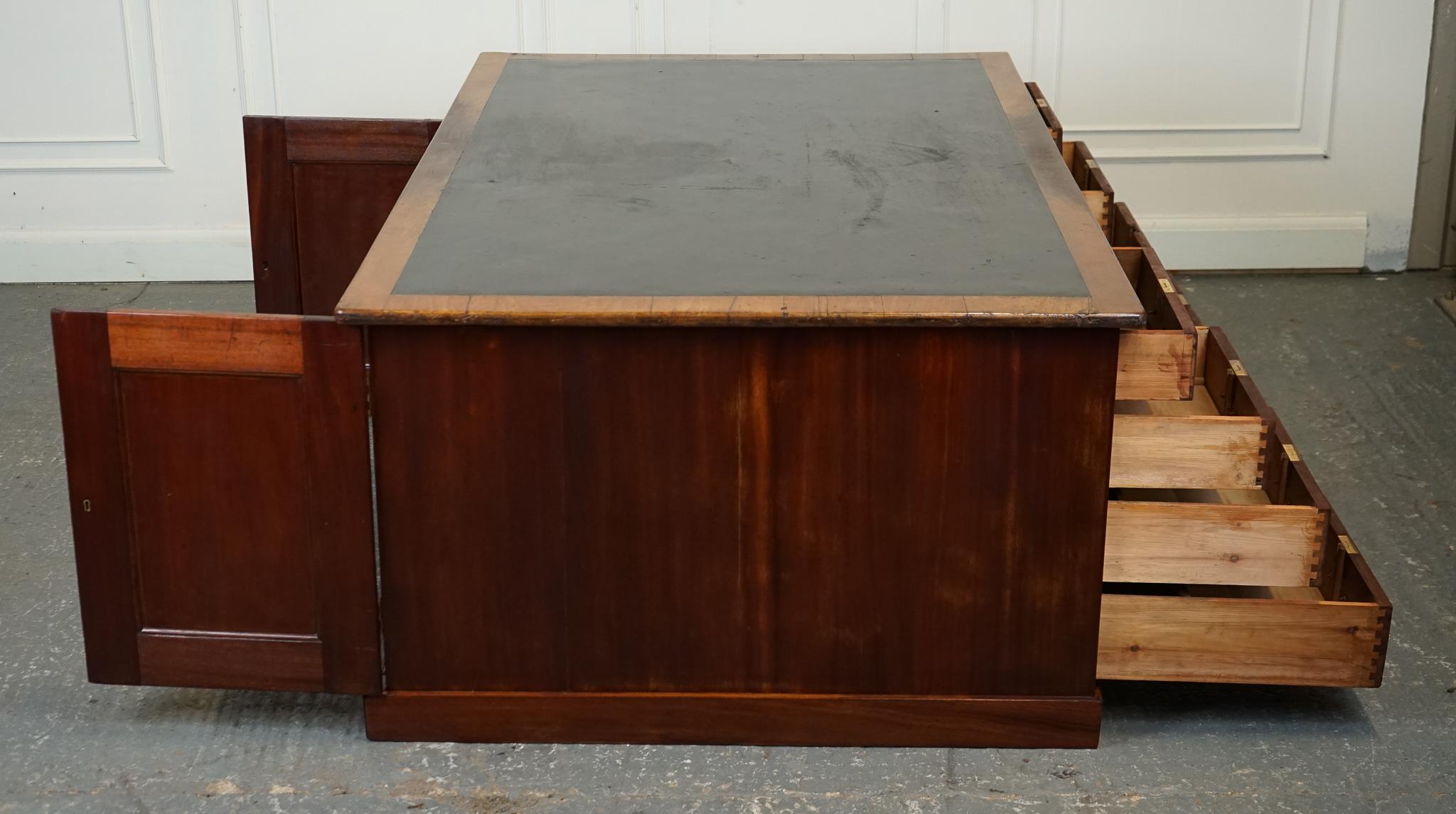 ANTIQUE HUGE DISTRESSED PARTNERS DESK WITH NAVY BLUE LEATHER TOP j1 For Sale 9