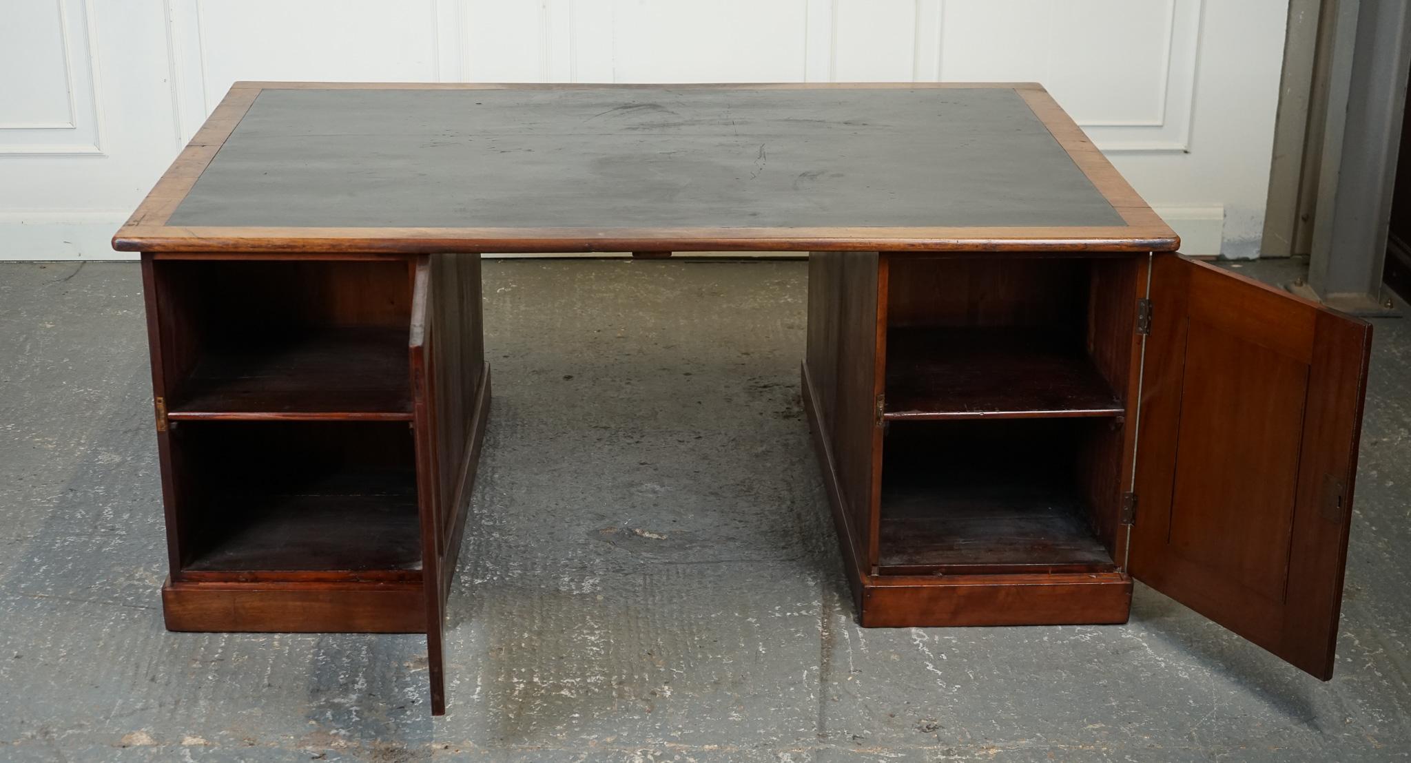 ANTIQUE HUGE DISTRESSED PARTNERS DESK WITH NAVY BLUE LEATHER TOP j1 For Sale 11