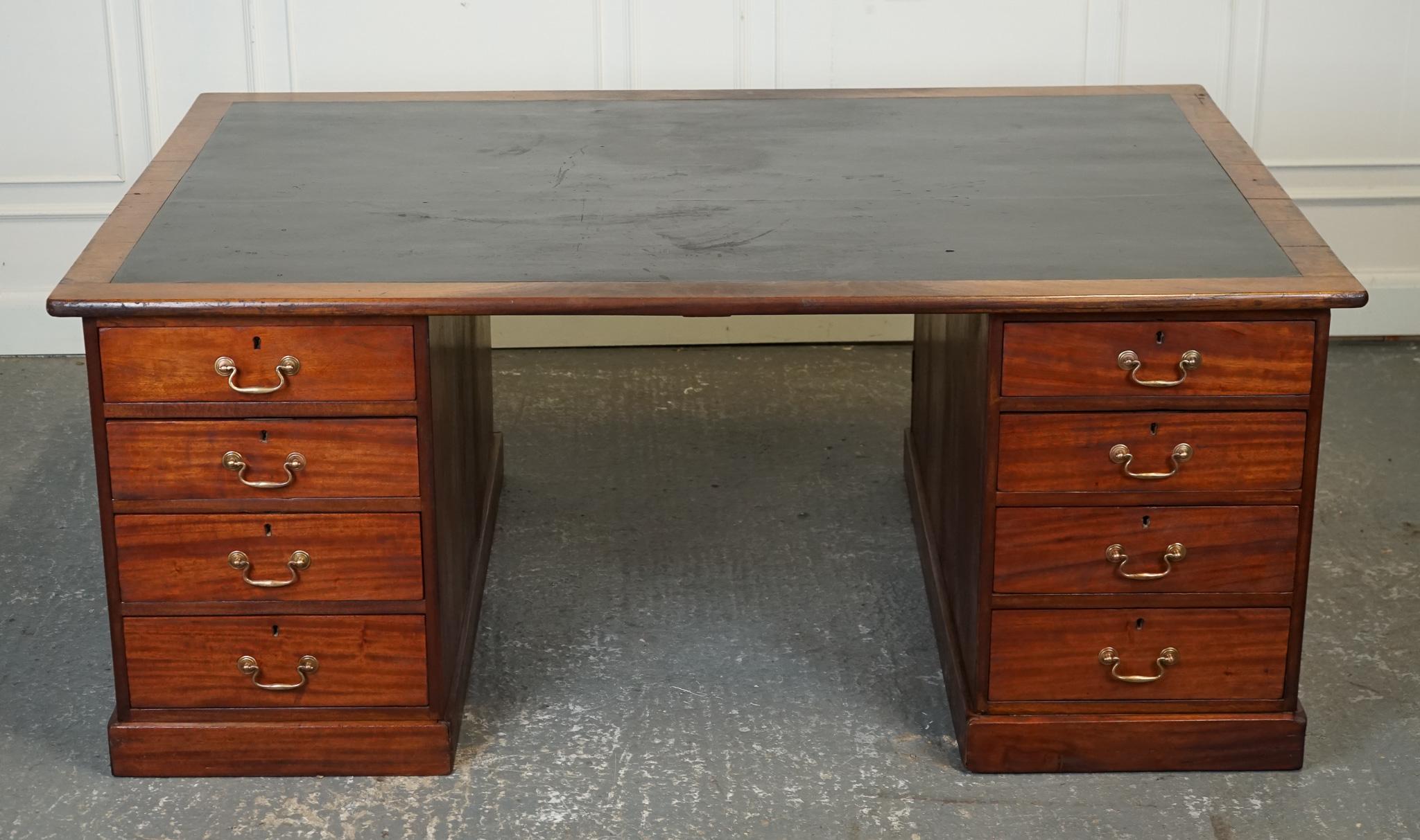 20th Century ANTIQUE HUGE DISTRESSED PARTNERS DESK WITH NAVY BLUE LEATHER TOP j1 For Sale