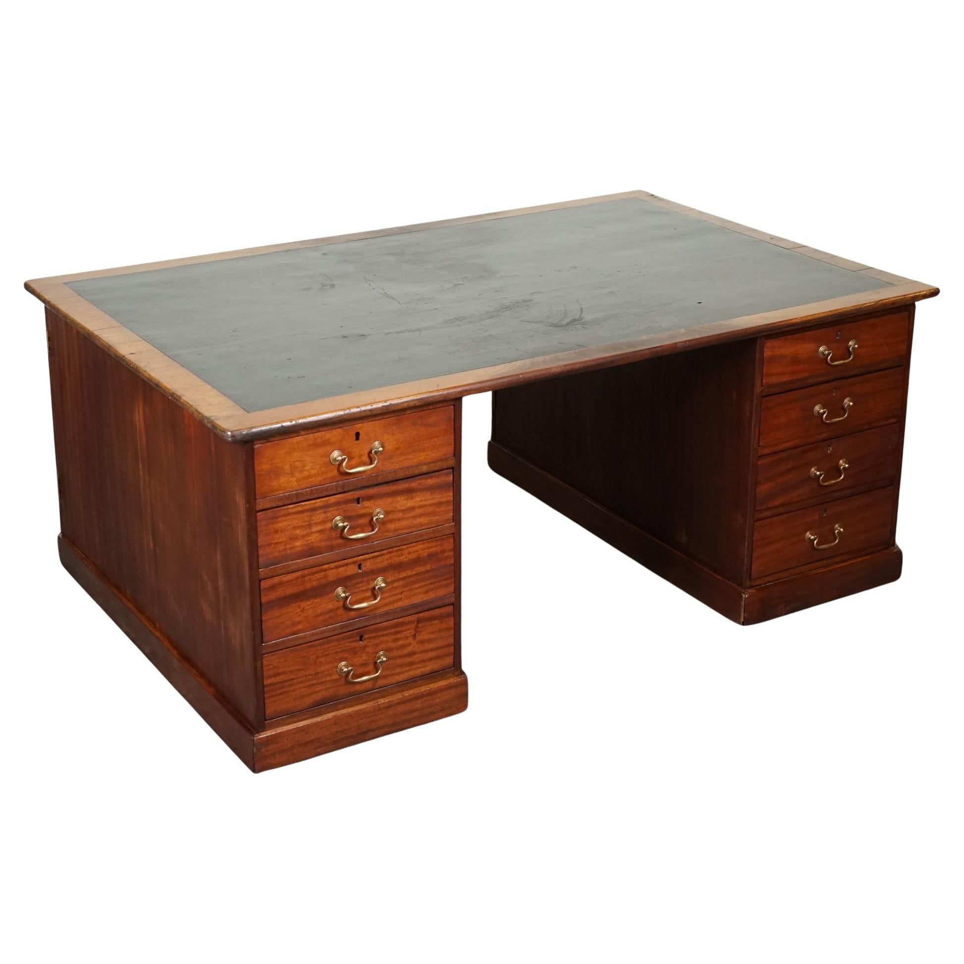 ANTIQUE HUGE DISTRESSED PARTNERS DESK WITH NAVY BLUE LEATHER TOP j1 For Sale