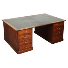 Used HUGE DISTRESSED PARTNERS DESK WITH NAVY BLUE LEATHER TOP j1