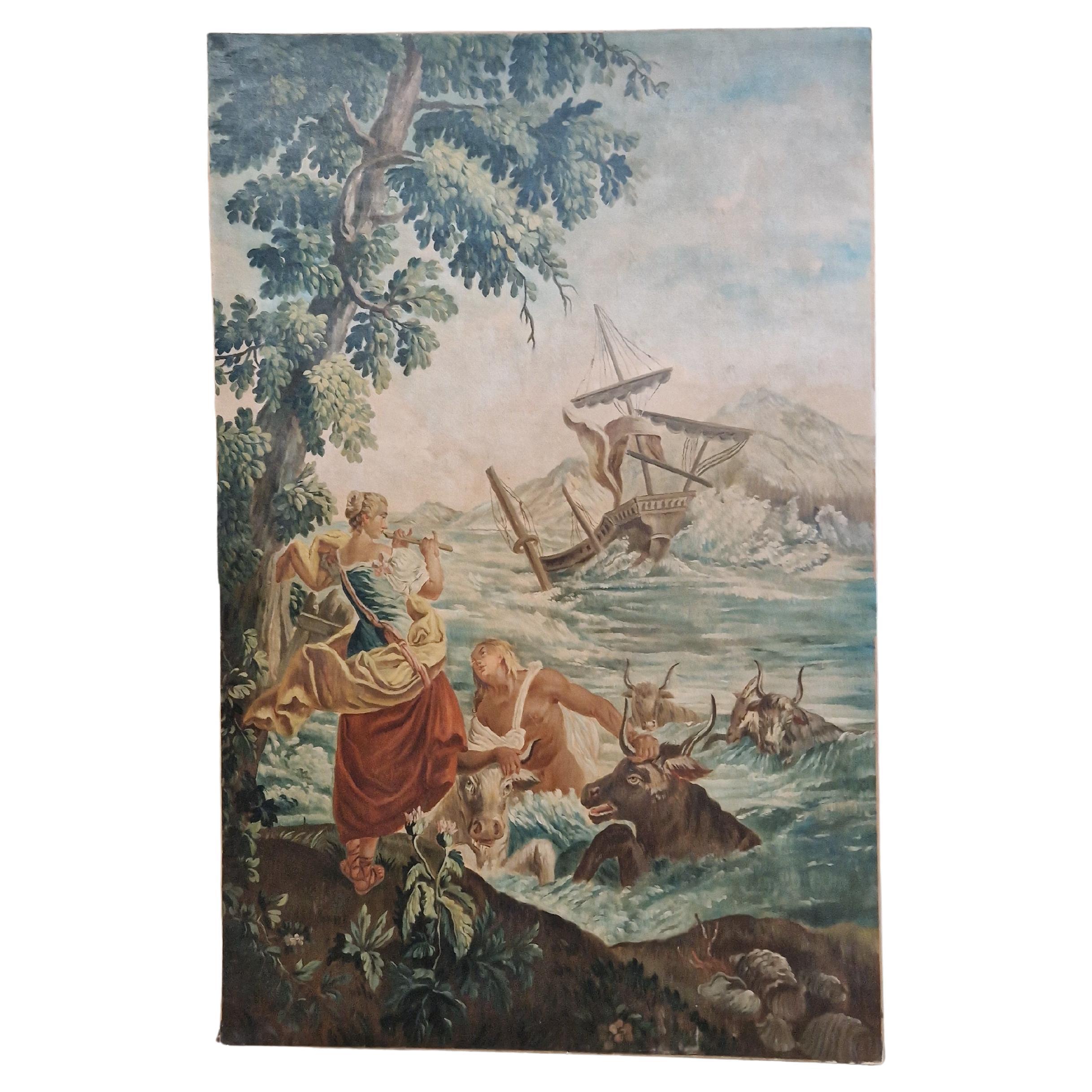 Antique Huge French Oil Painting Flemish Tapestry