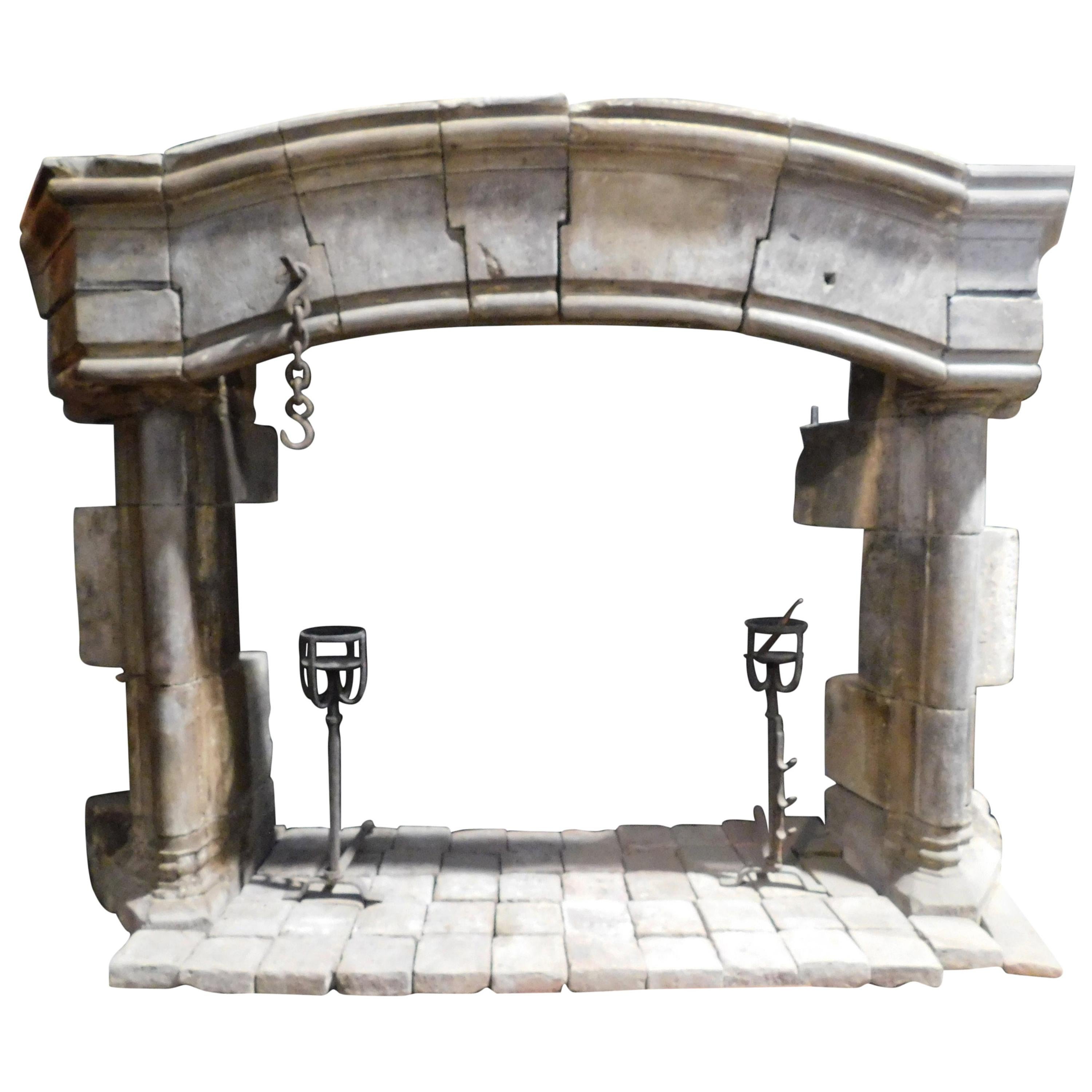 Antique Huge Gothic Stone Mantel Fireplace, Carved Curved, 1300s, France