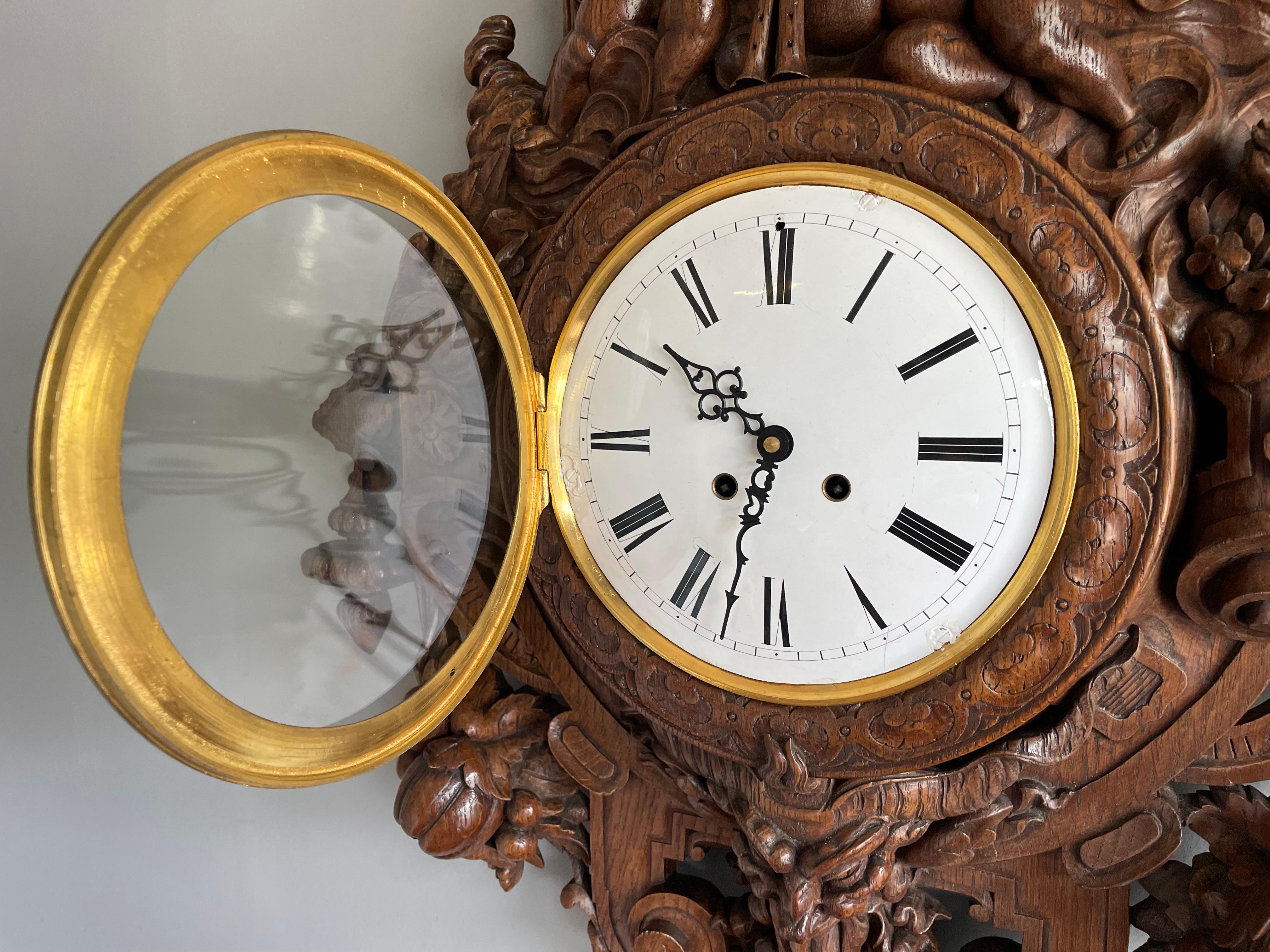 Antique & Huge Hand Carved Wall Clock by Parisian Top Makers Guéret Frères 1860s For Sale 3