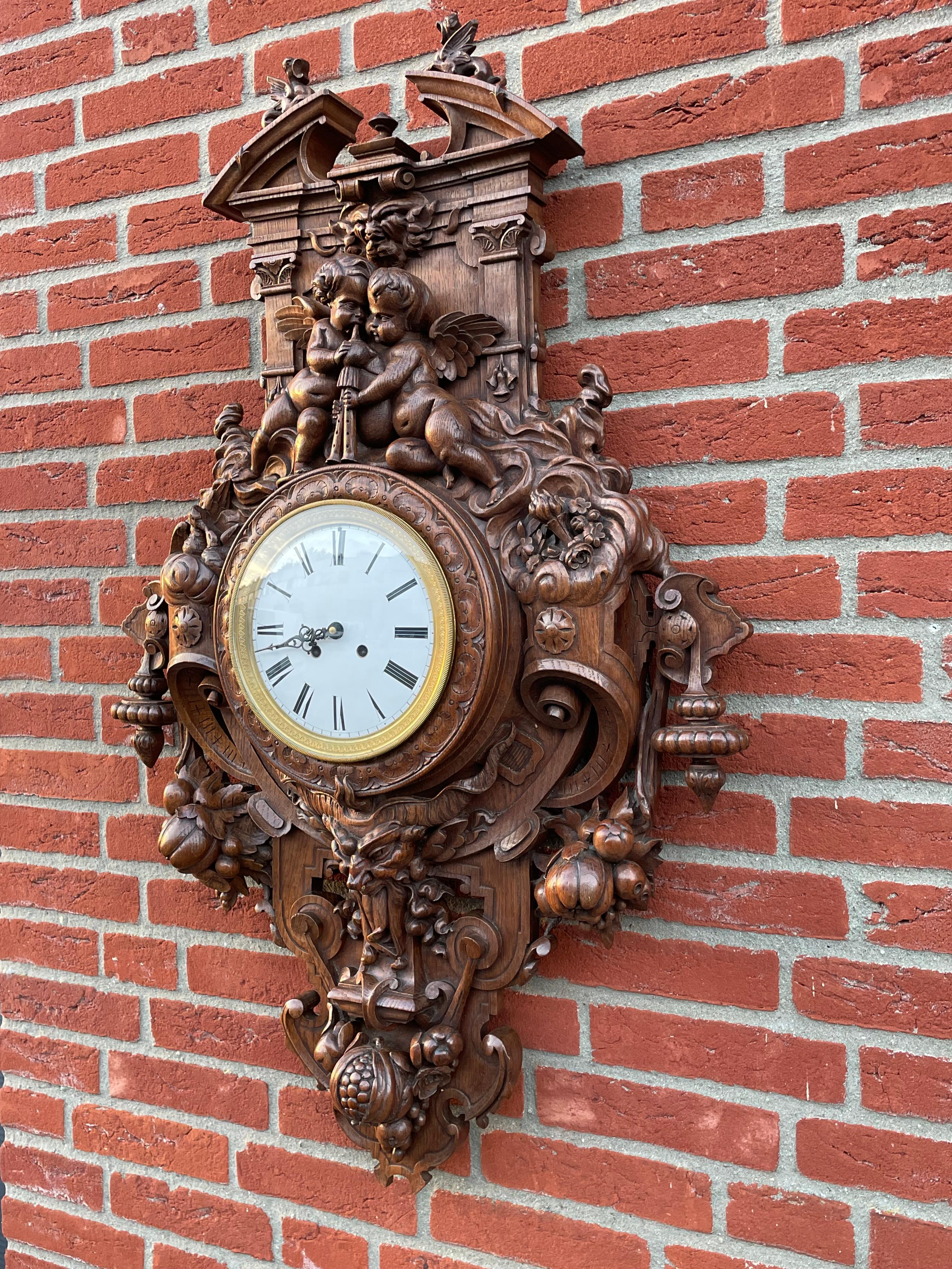 Antique & Huge Hand Carved Wall Clock by Parisian Top Makers Guéret Frères 1860s For Sale 7