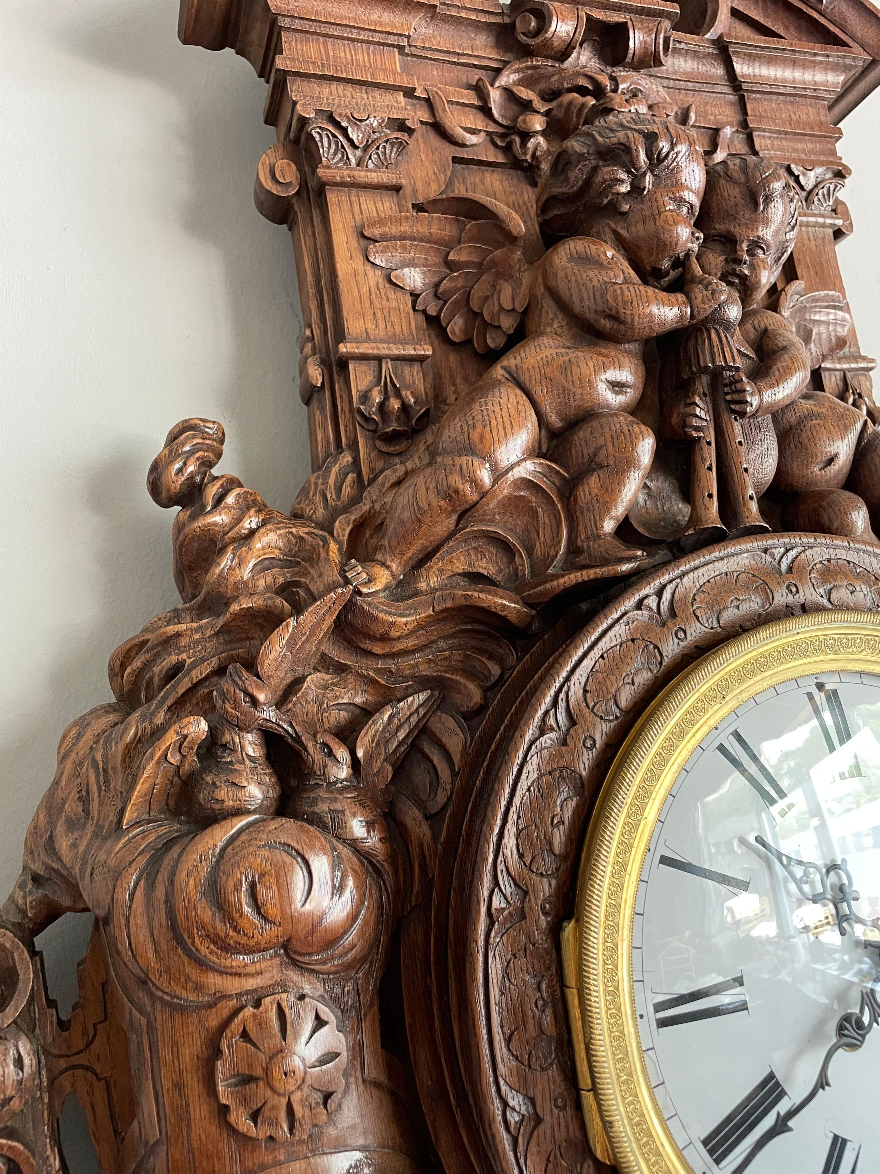 Antique & Huge Hand Carved Wall Clock by Parisian Top Makers Guéret Frères 1860s For Sale 8