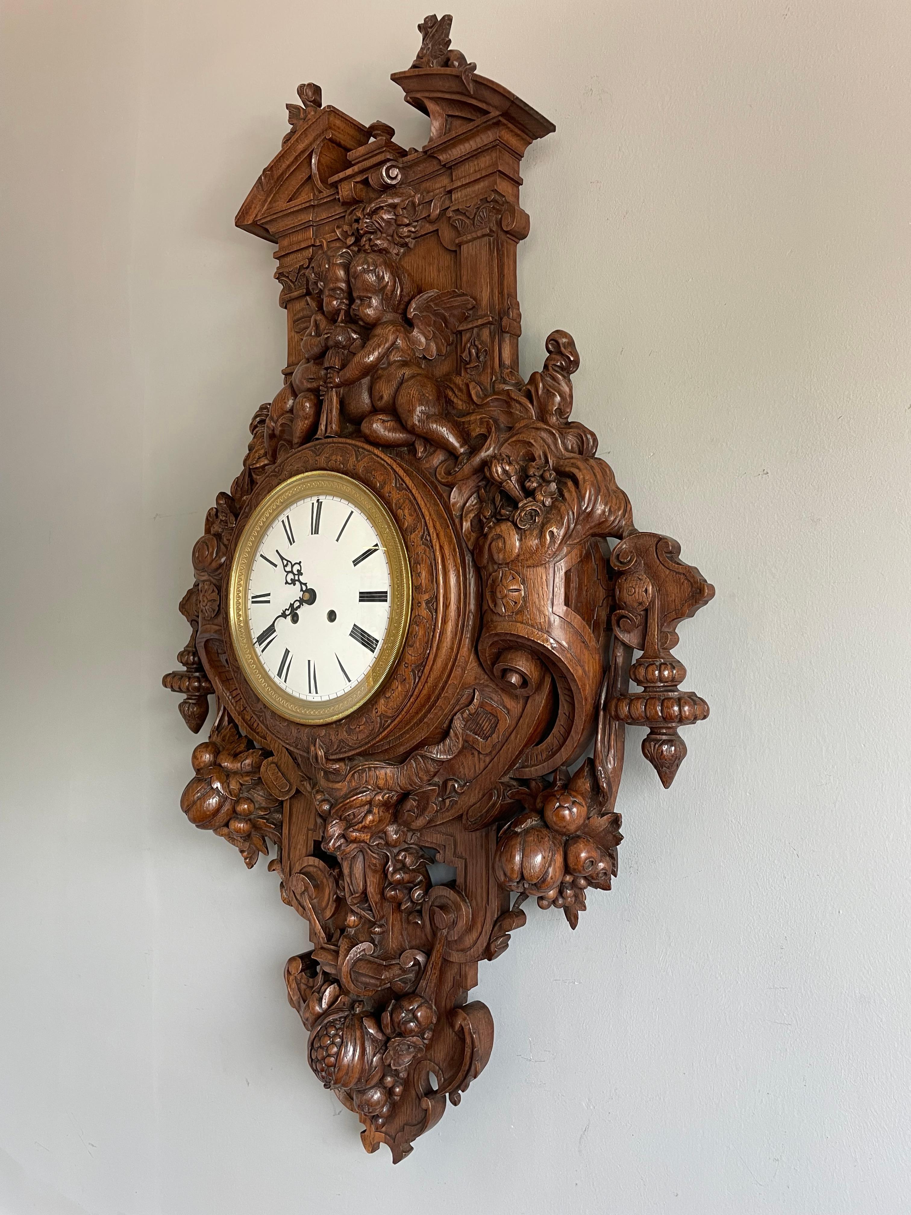 Antique & Huge Hand Carved Wall Clock by Parisian Top Makers Guéret Frères 1860s For Sale 11