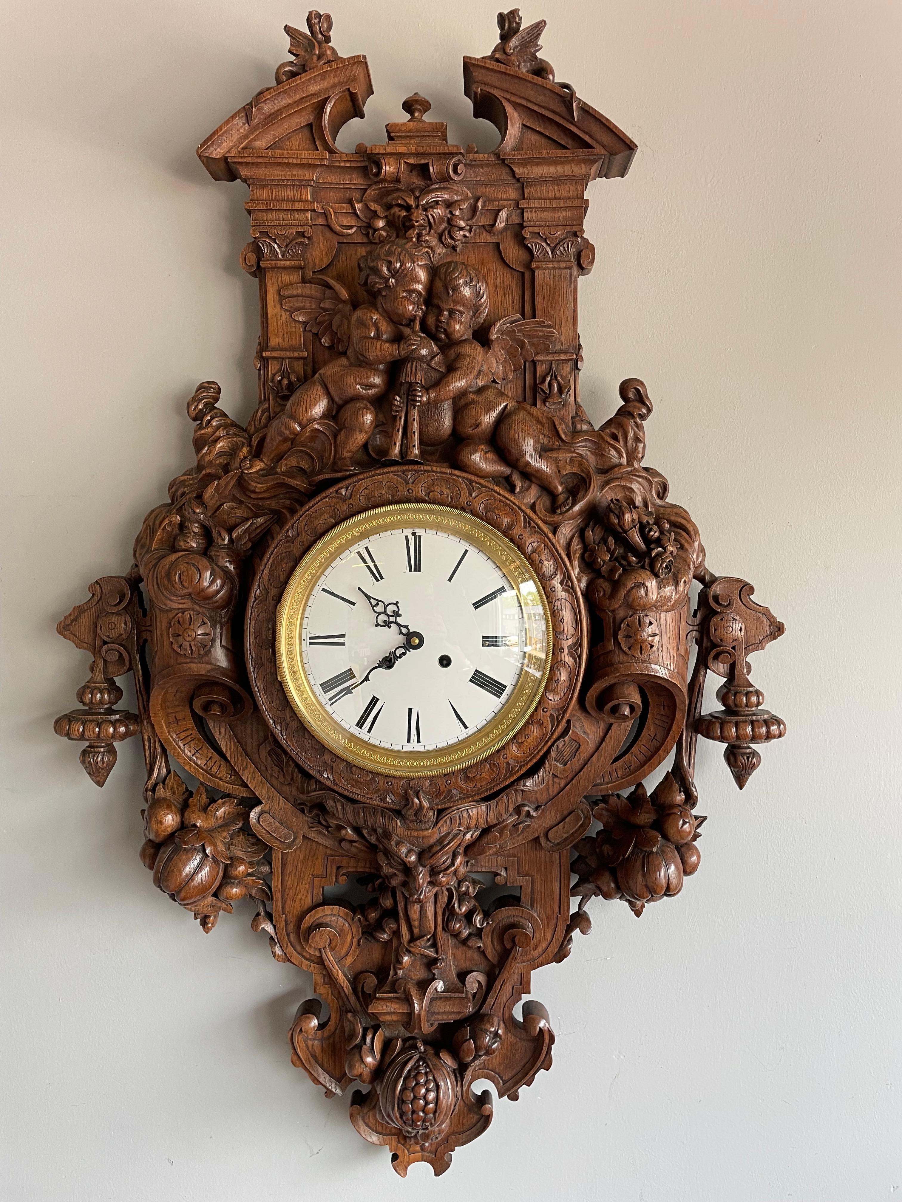 Antique & Huge Hand Carved Wall Clock by Parisian Top Makers Guéret Frères 1860s For Sale 12