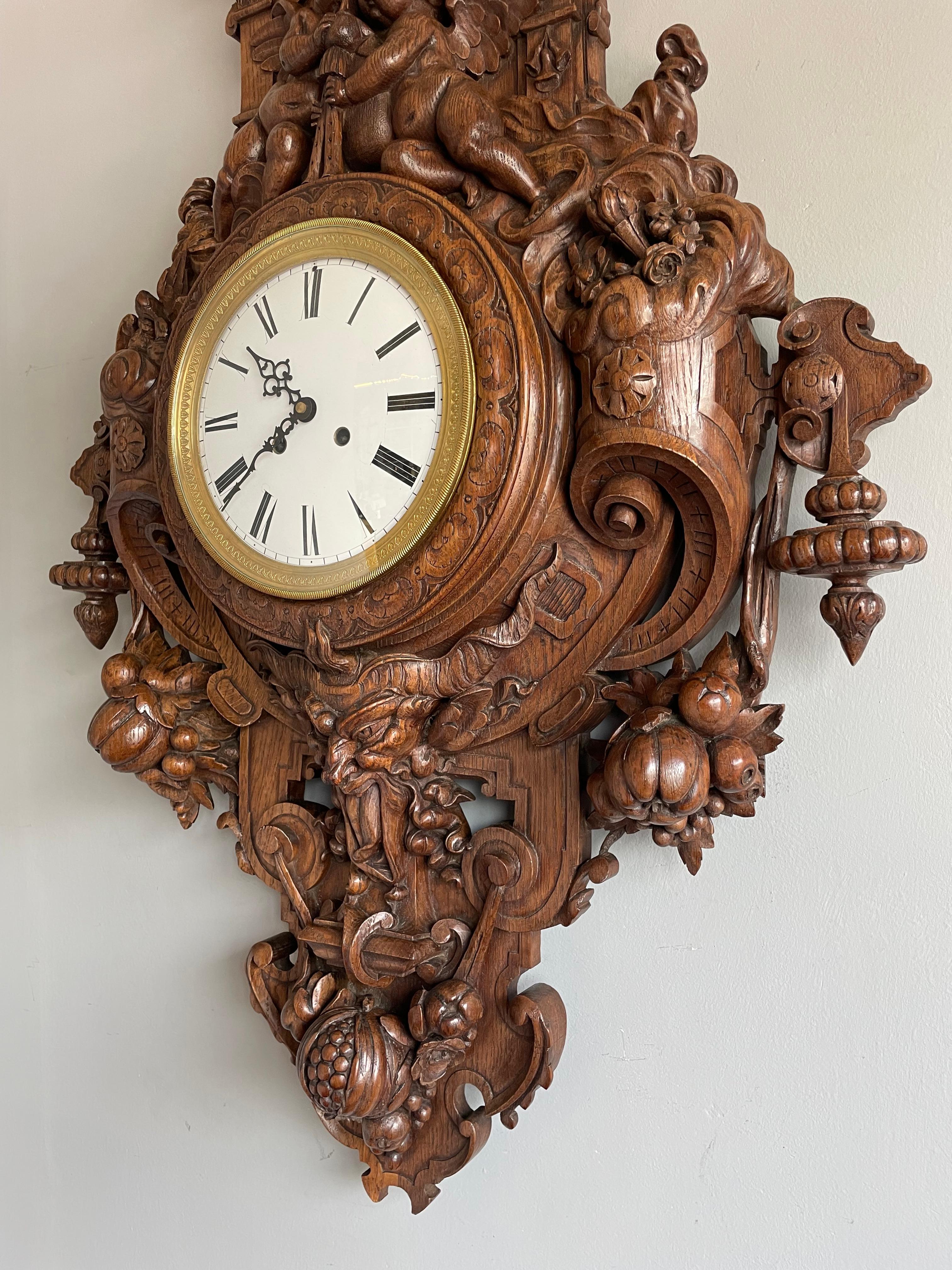 French Antique & Huge Hand Carved Wall Clock by Parisian Top Makers Guéret Frères 1860s For Sale