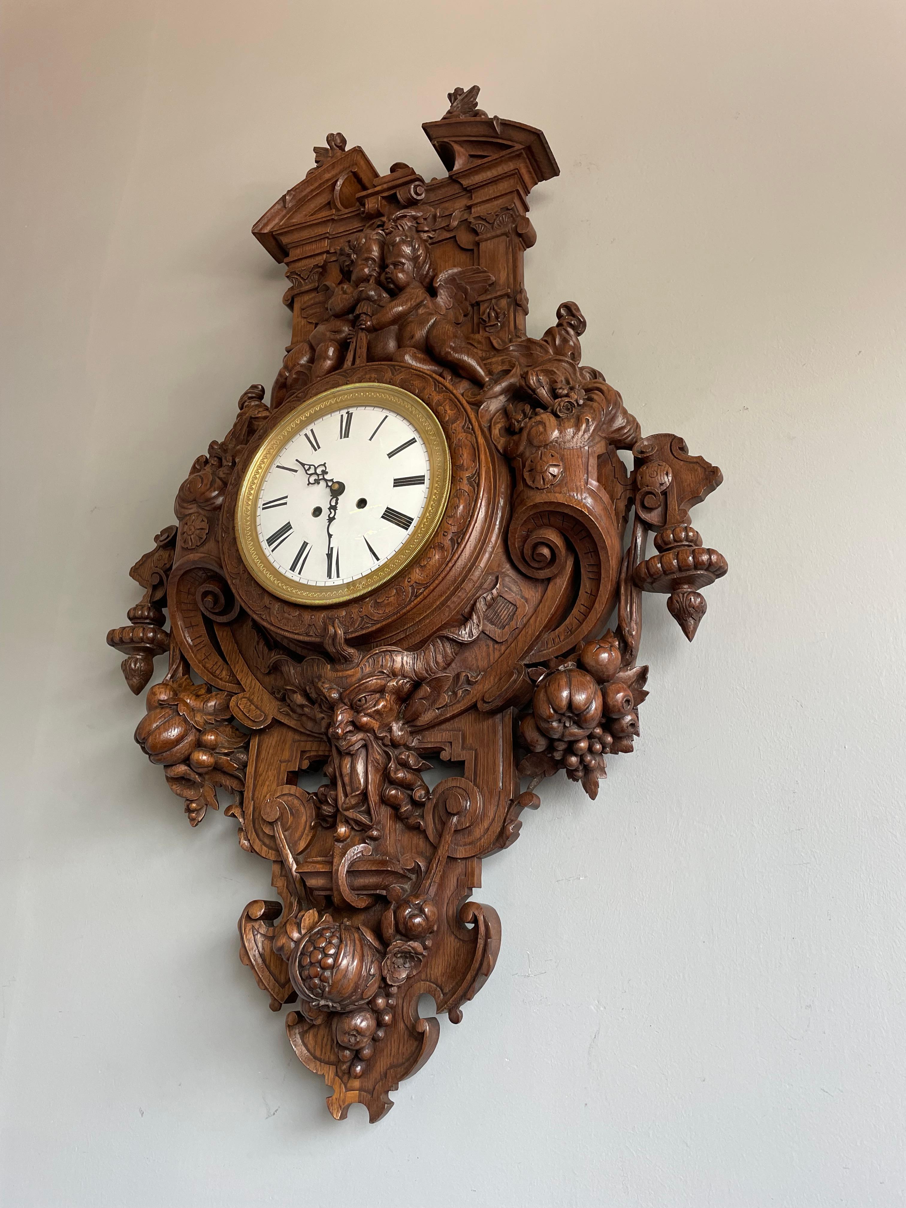 Antique & Huge Hand Carved Wall Clock by Parisian Top Makers Guéret Frères 1860s In Good Condition For Sale In Lisse, NL