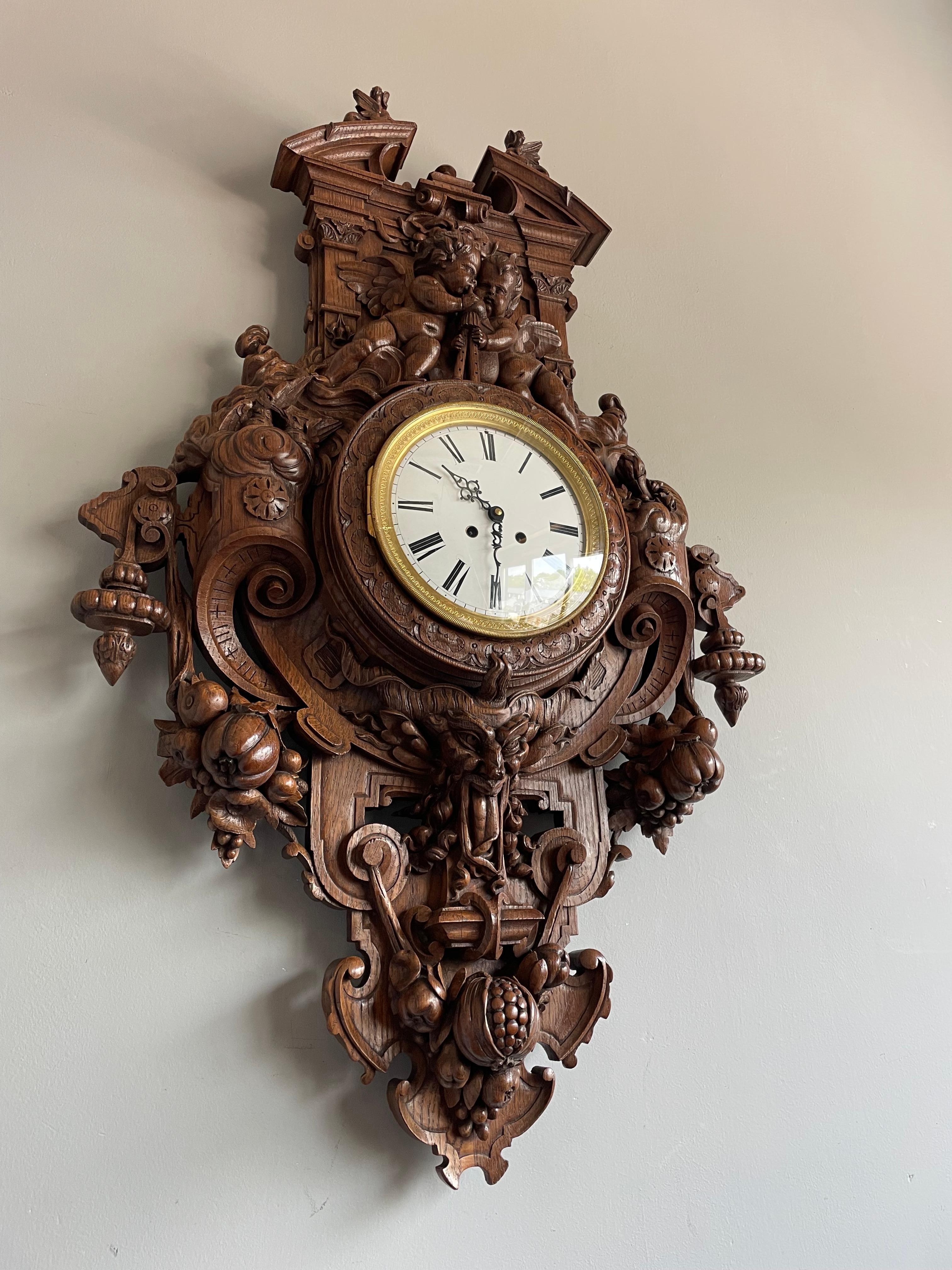 19th Century Antique & Huge Hand Carved Wall Clock by Parisian Top Makers Guéret Frères 1860s For Sale