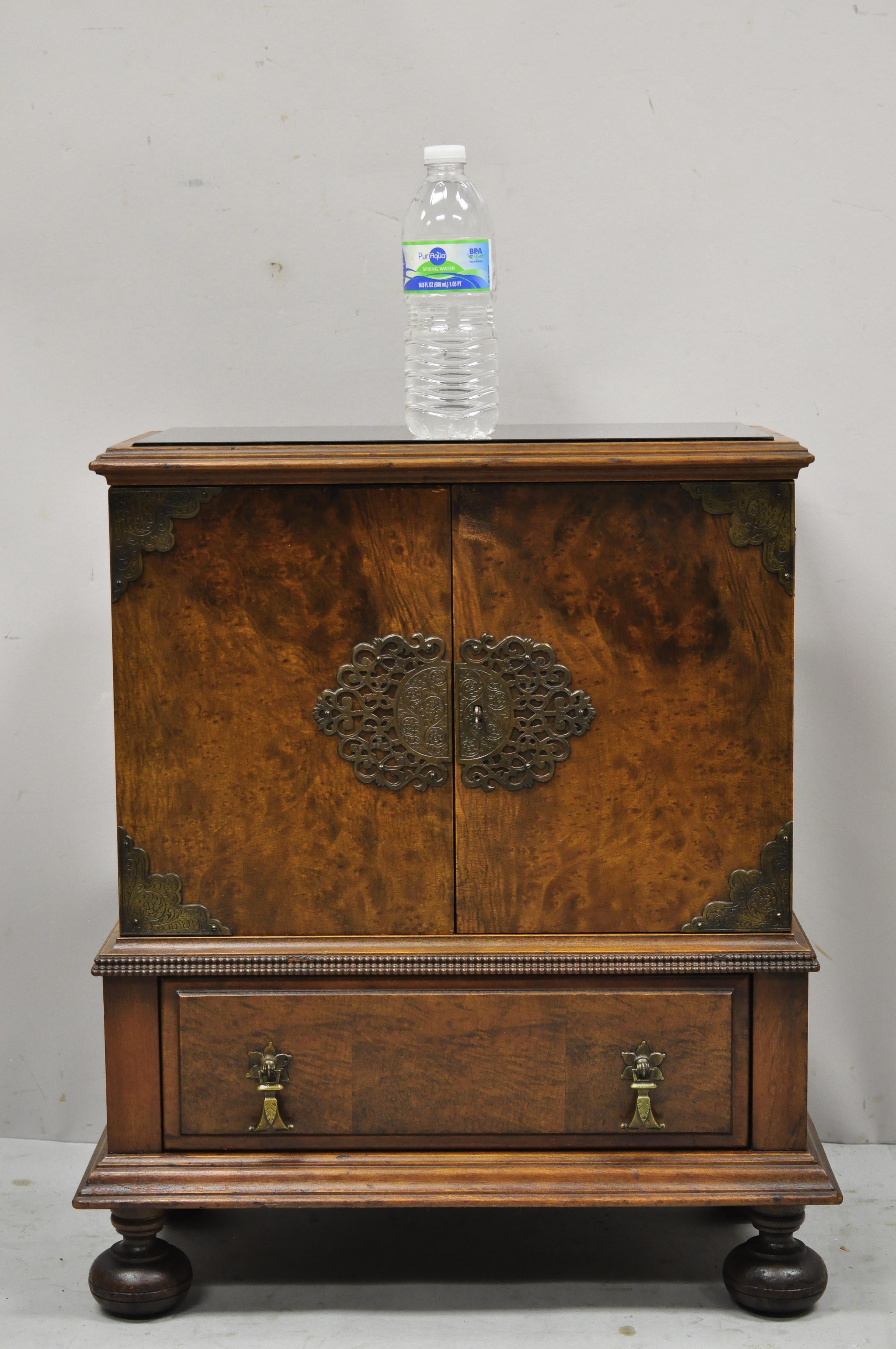 Antique Humidor Tobacco English Jacobean William and Mary Miniature chest cabinet. Item features custom black glass top, tin lined interior and doors, burlwood drawer fronts, round bun feet, beautiful wood grain, working lock and key, 1 dovetailed