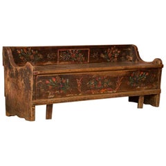 Antique Hungarian Folk Art Painted Storage Bench