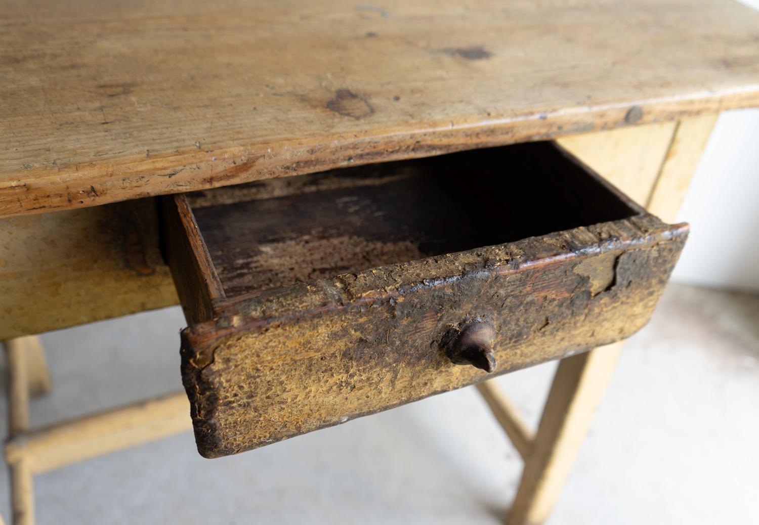 19th Century Antique Hungarian Rustic Painted Pine Side Table, 19Th Century For Sale