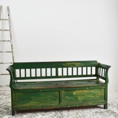 Antique Hungarian Settle Storage Bench, Dark Green