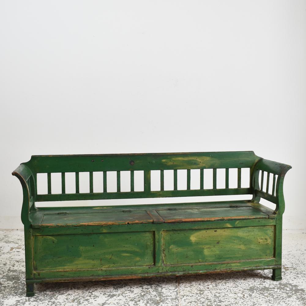 Rustic Antique Hungarian Settle Storage Bench, Dark Green