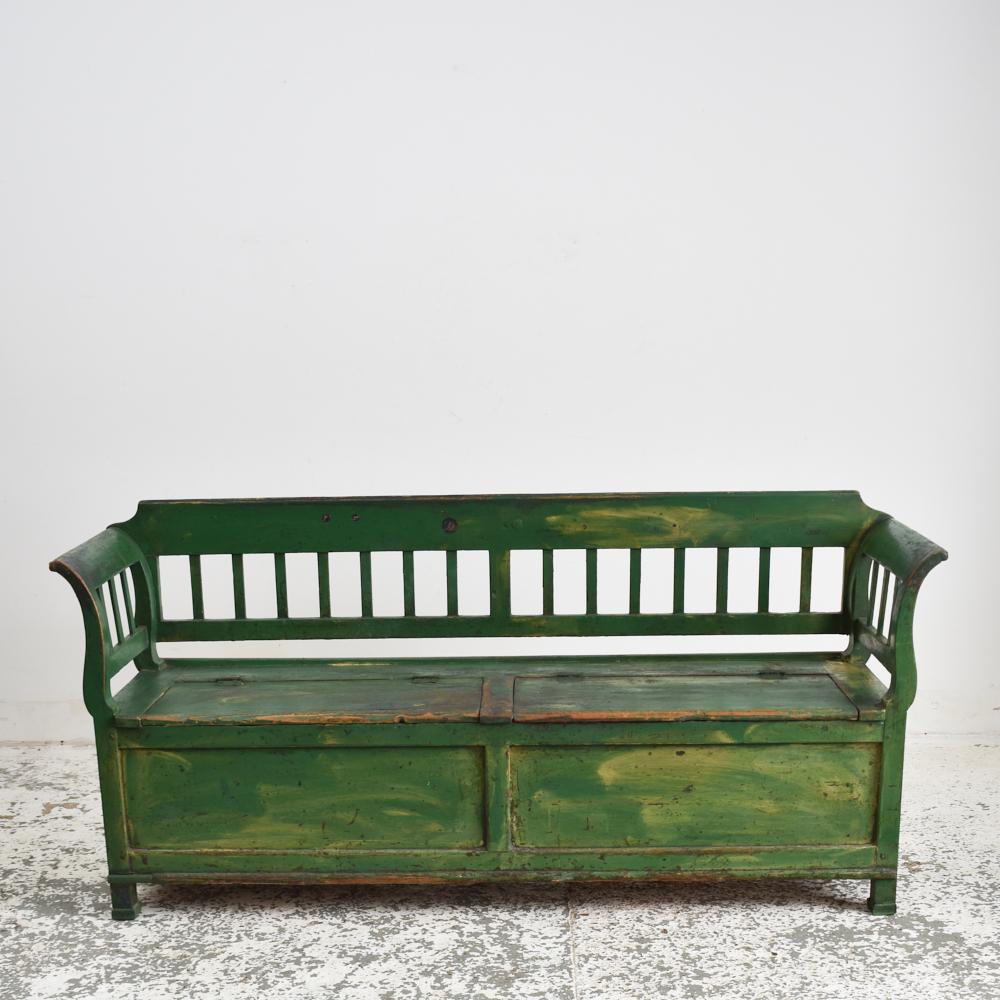 Hand-Carved Antique Hungarian Settle Storage Bench, Dark Green