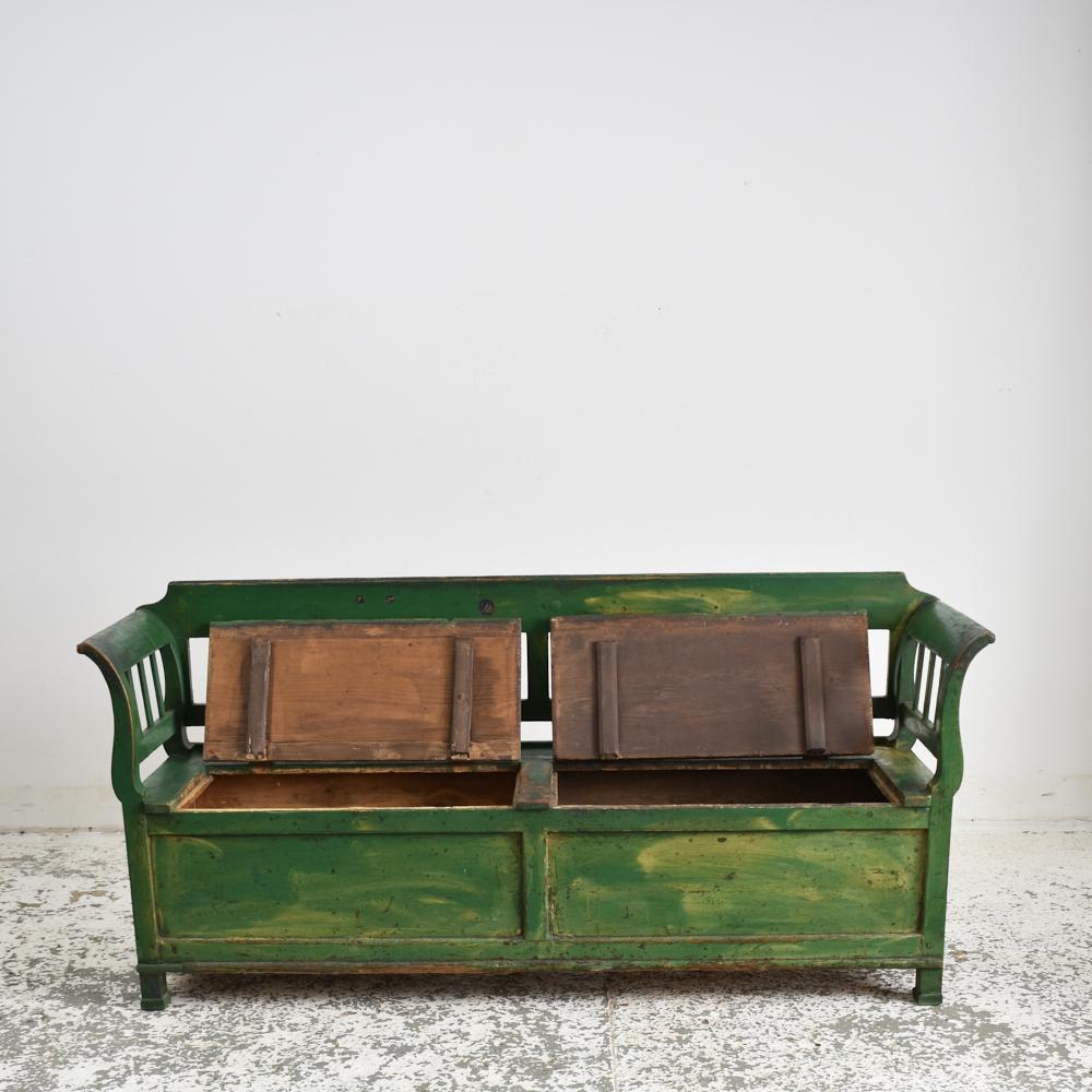 20th Century Antique Hungarian Settle Storage Bench, Dark Green