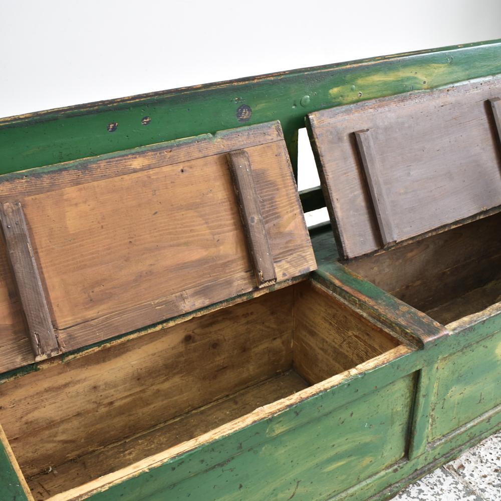 Pine Antique Hungarian Settle Storage Bench, Dark Green