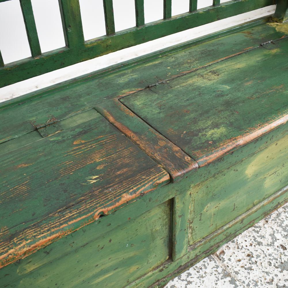 Antique Hungarian Settle Storage Bench, Dark Green 1