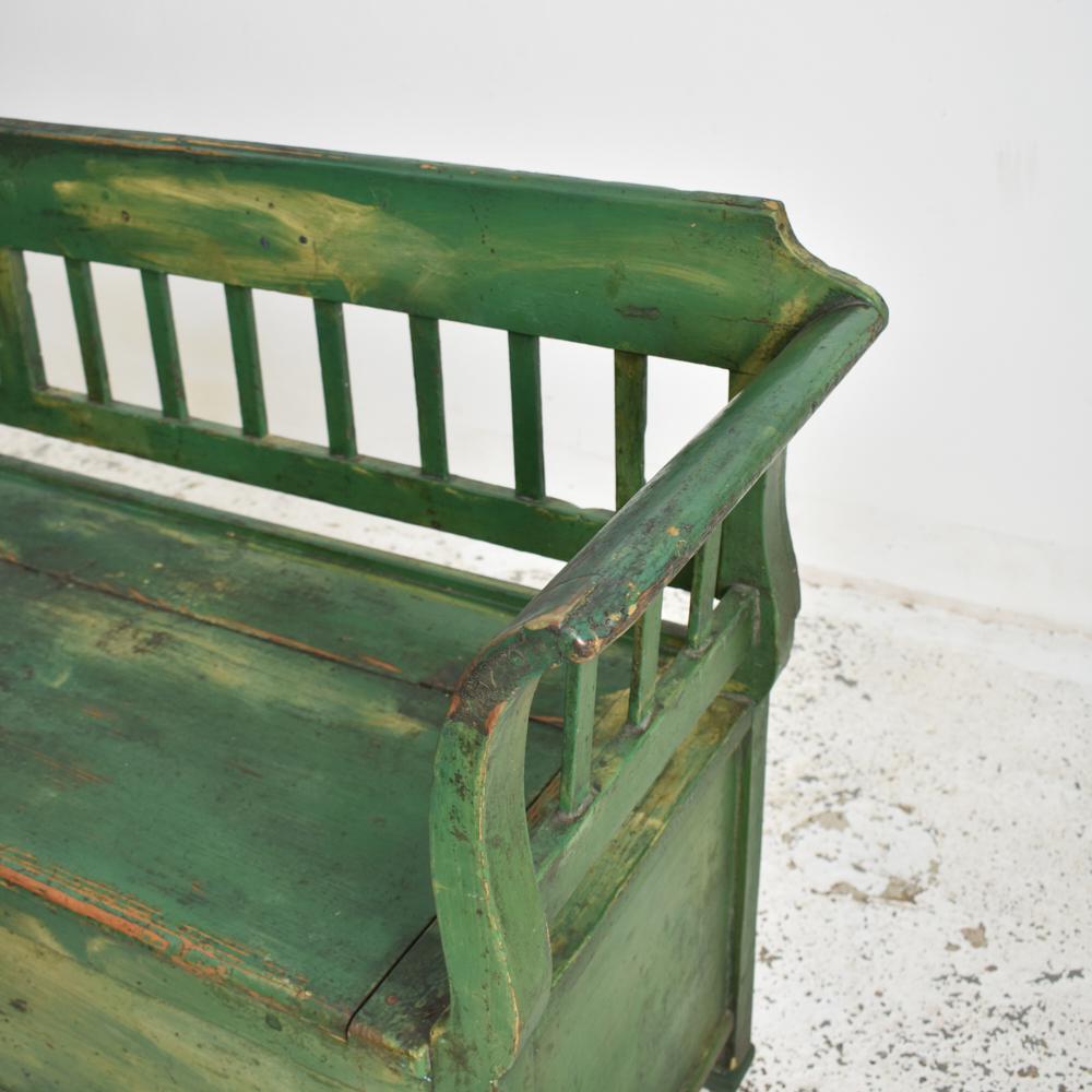 Antique Hungarian Settle Storage Bench, Dark Green 2