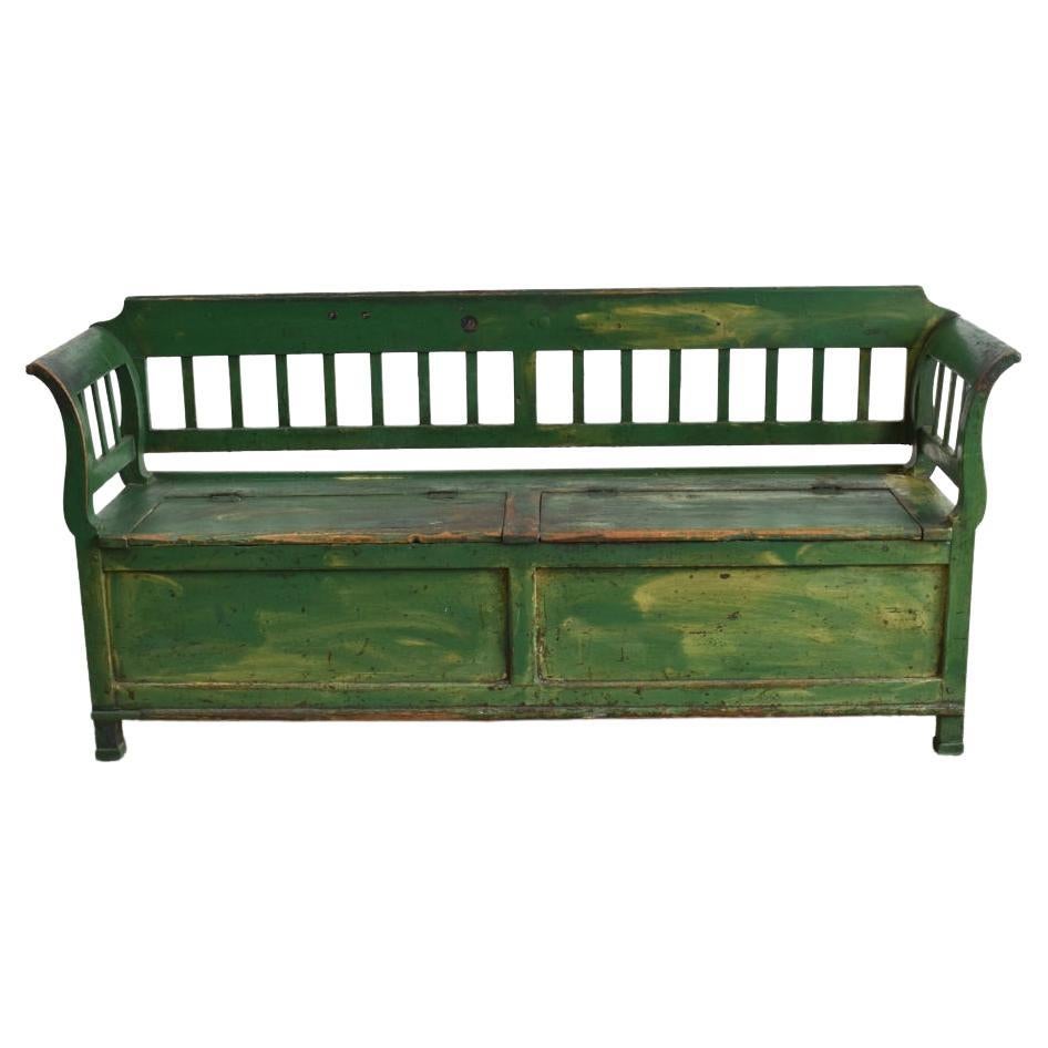 Antique Hungarian Settle Storage Bench, Dark Green