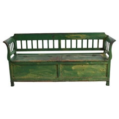 Vintage Hungarian Settle Storage Bench, Dark Green