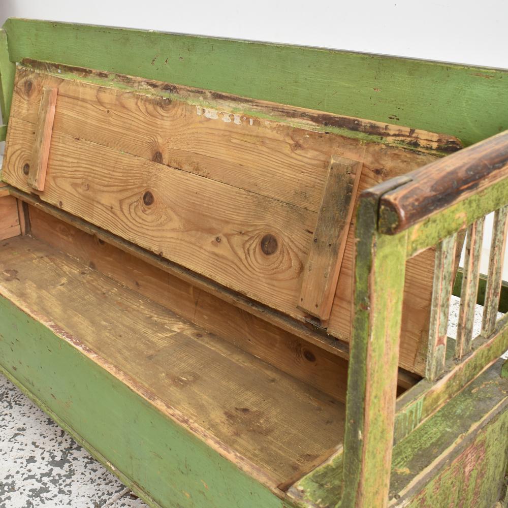 Rustic Antique Hungarian Settle Storage Bench, Pale Green