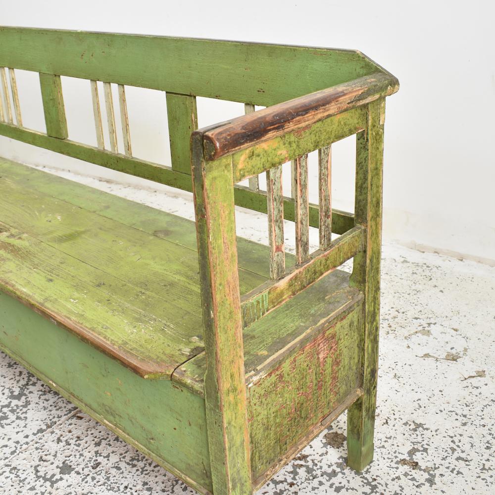 Hand-Carved Antique Hungarian Settle Storage Bench, Pale Green