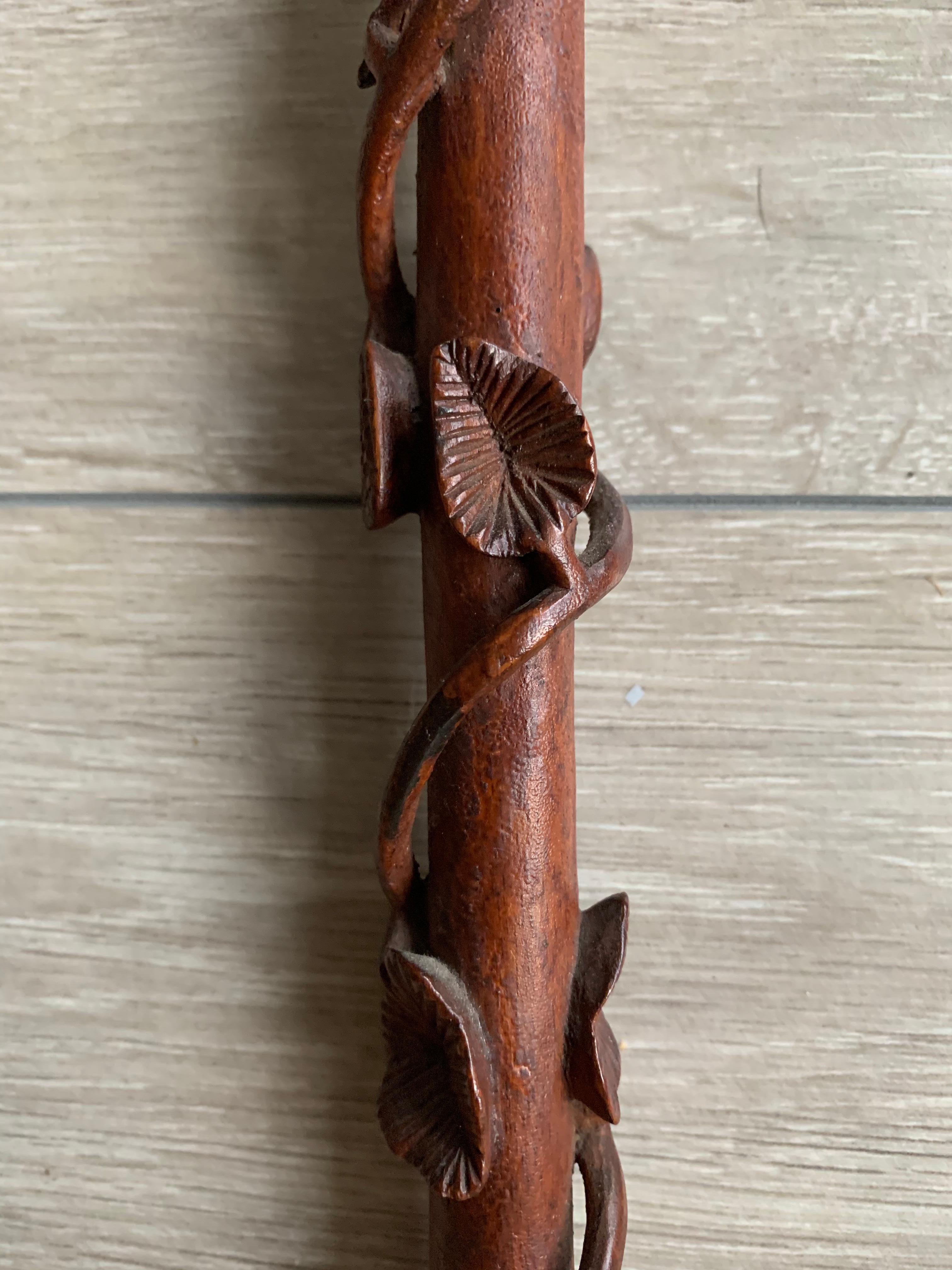 Hunting Cane Walking Stick with Carved Terrier Head and Leaves All Around 2