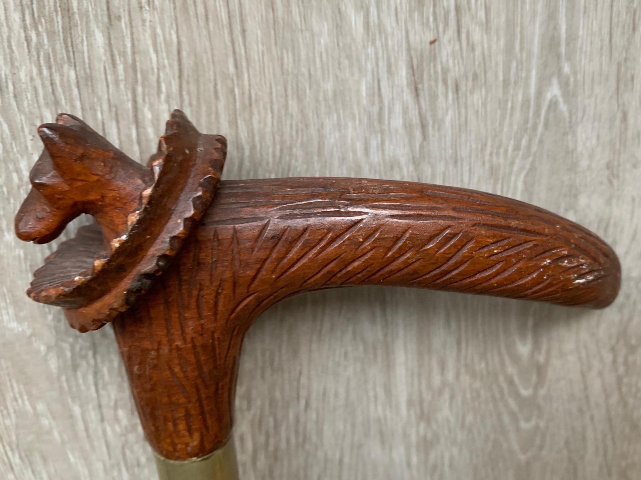 Hunting Cane Walking Stick with Carved Terrier Head and Leaves All Around 3