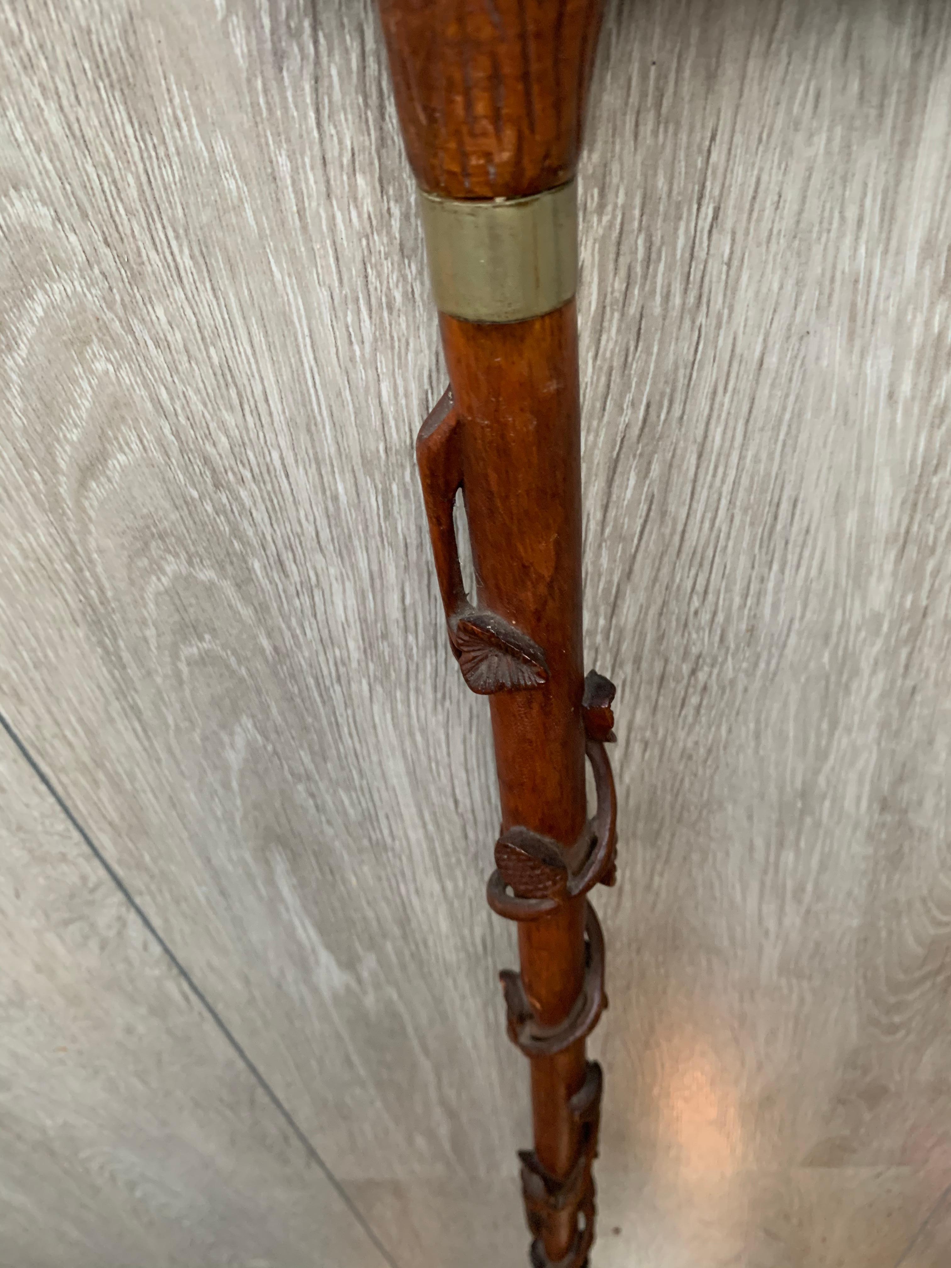 Hunting Cane Walking Stick with Carved Terrier Head and Leaves All Around 4