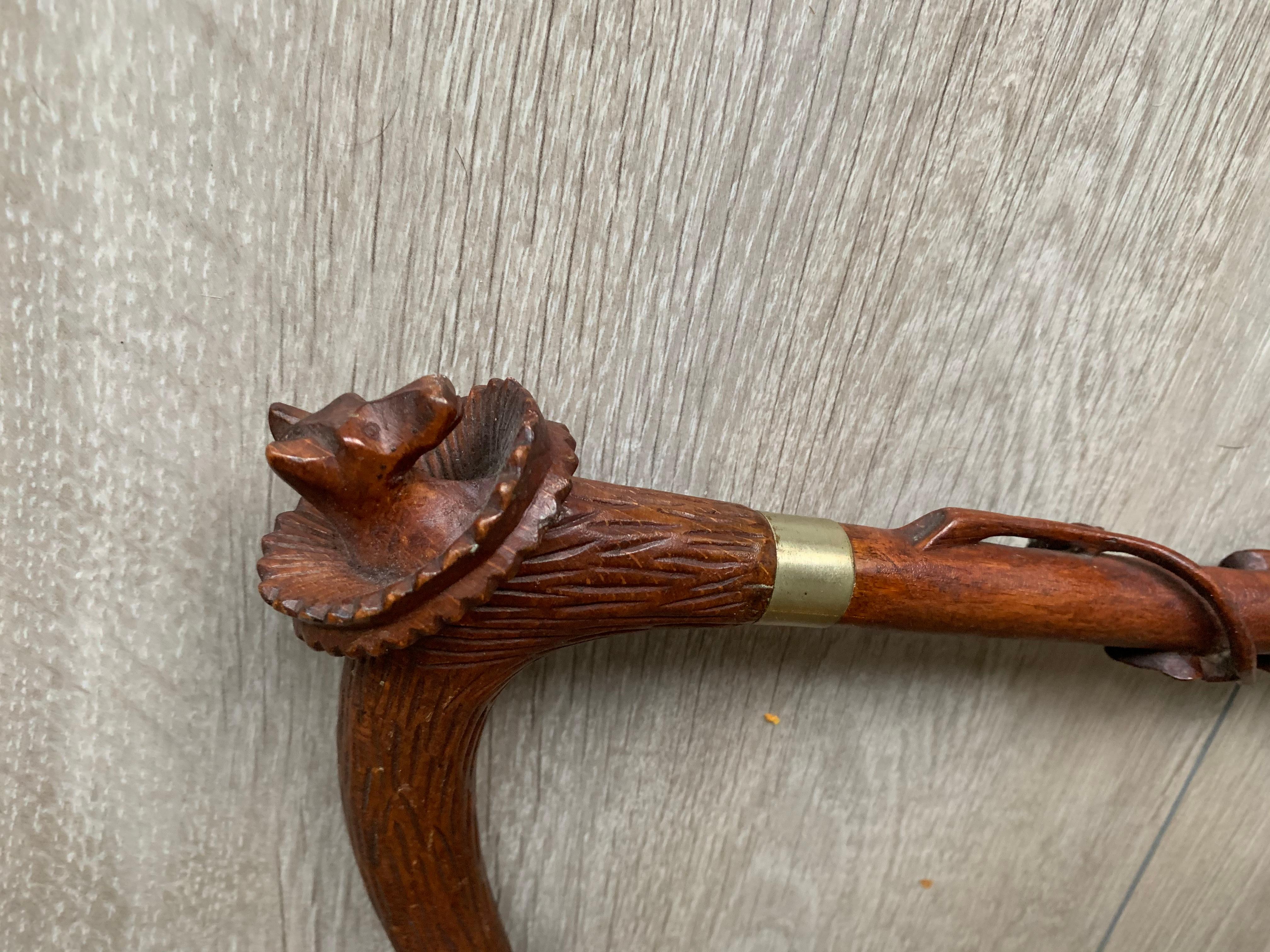 Hunting Cane Walking Stick with Carved Terrier Head and Leaves All Around 5