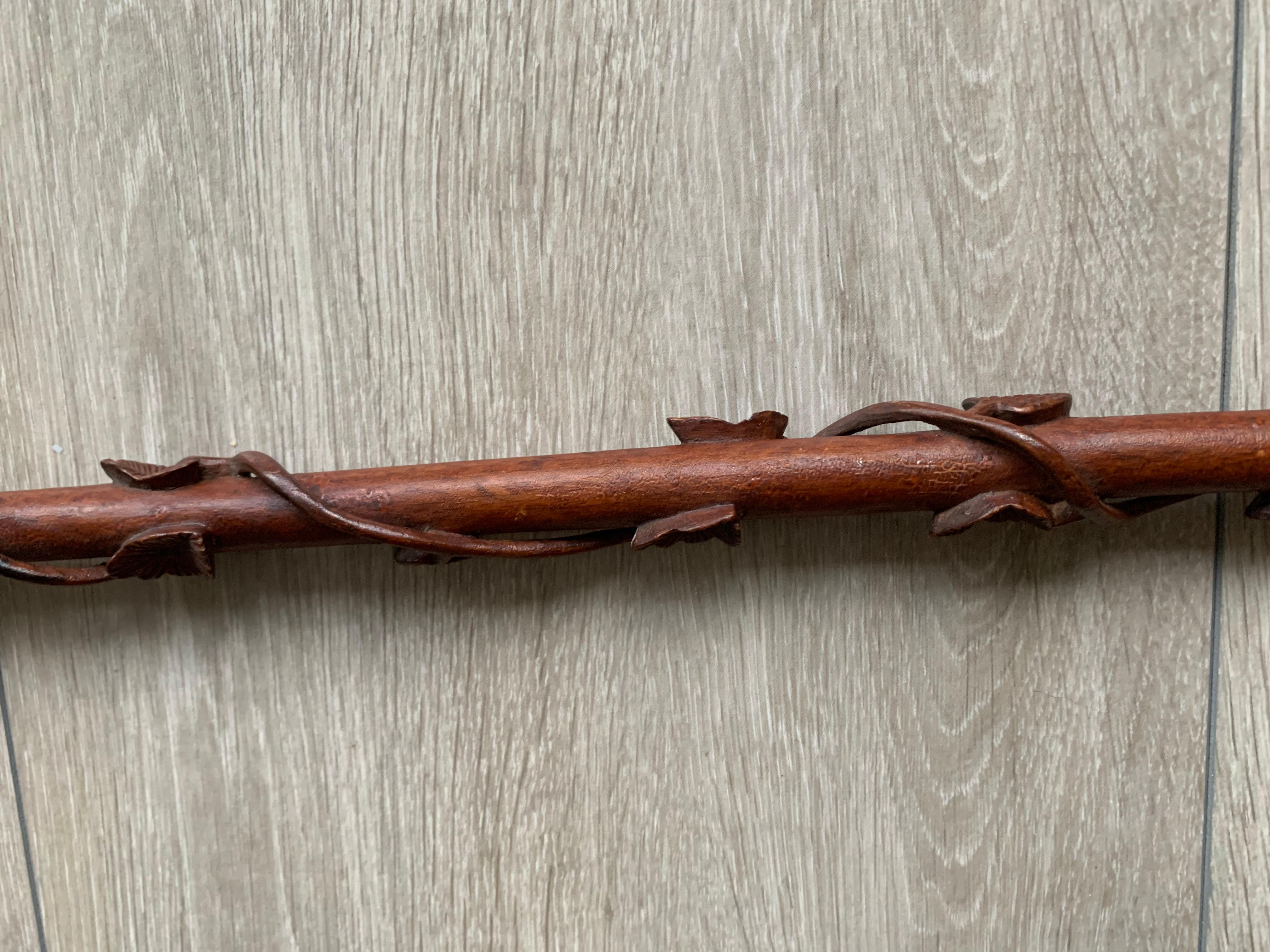 European Hunting Cane Walking Stick with Carved Terrier Head and Leaves All Around