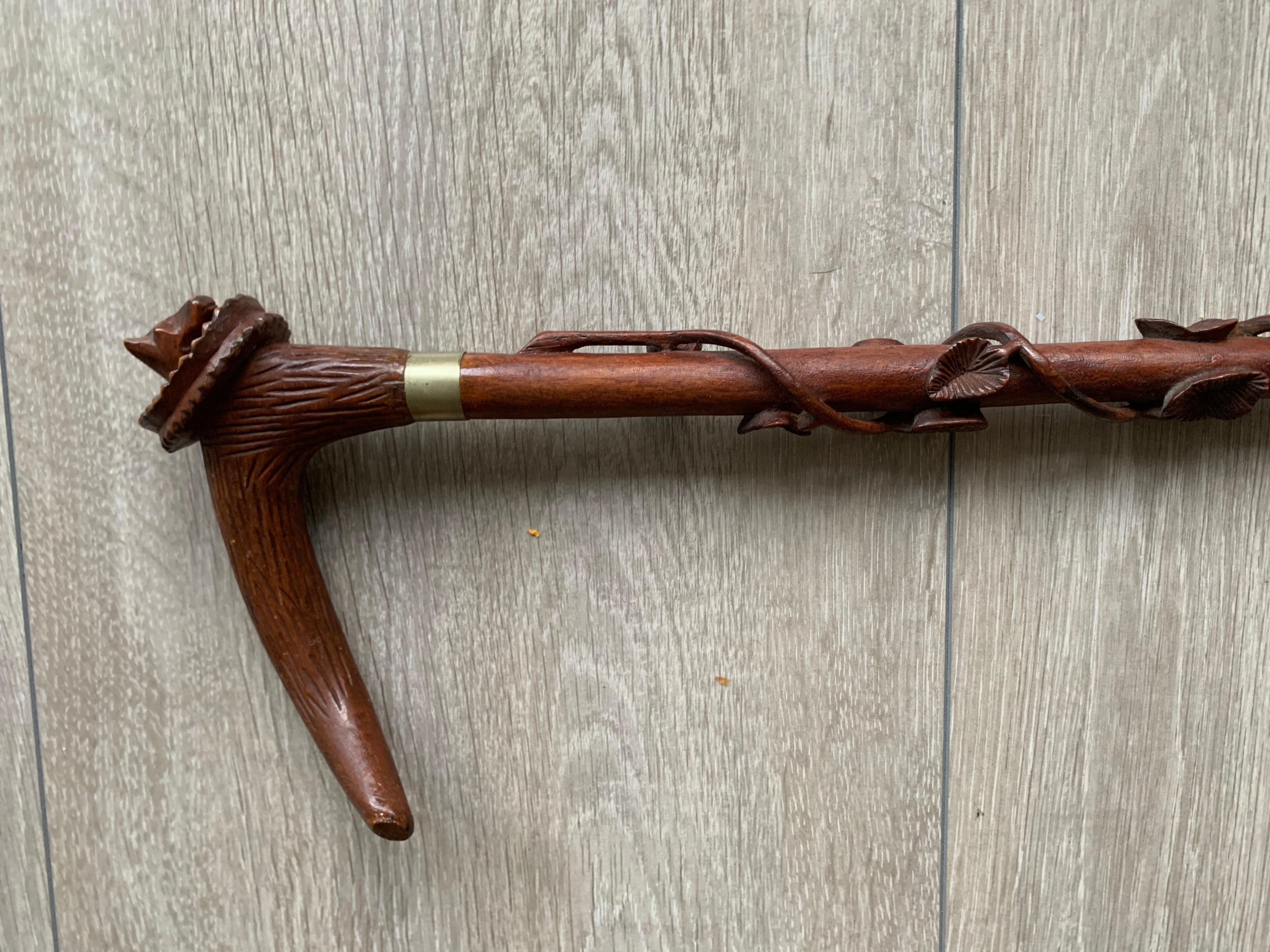 Hand-Carved Hunting Cane Walking Stick with Carved Terrier Head and Leaves All Around