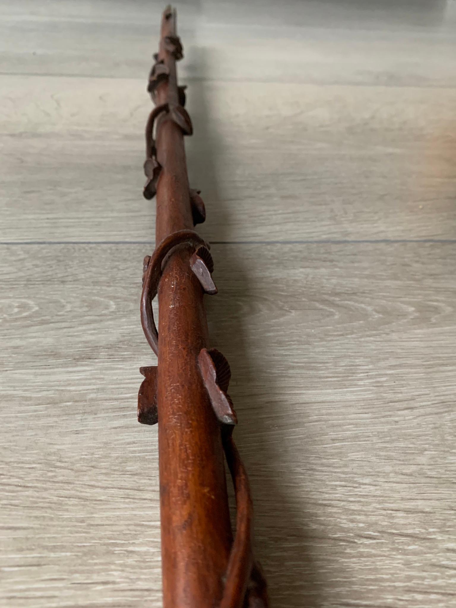 Hunting Cane Walking Stick with Carved Terrier Head and Leaves All Around 1