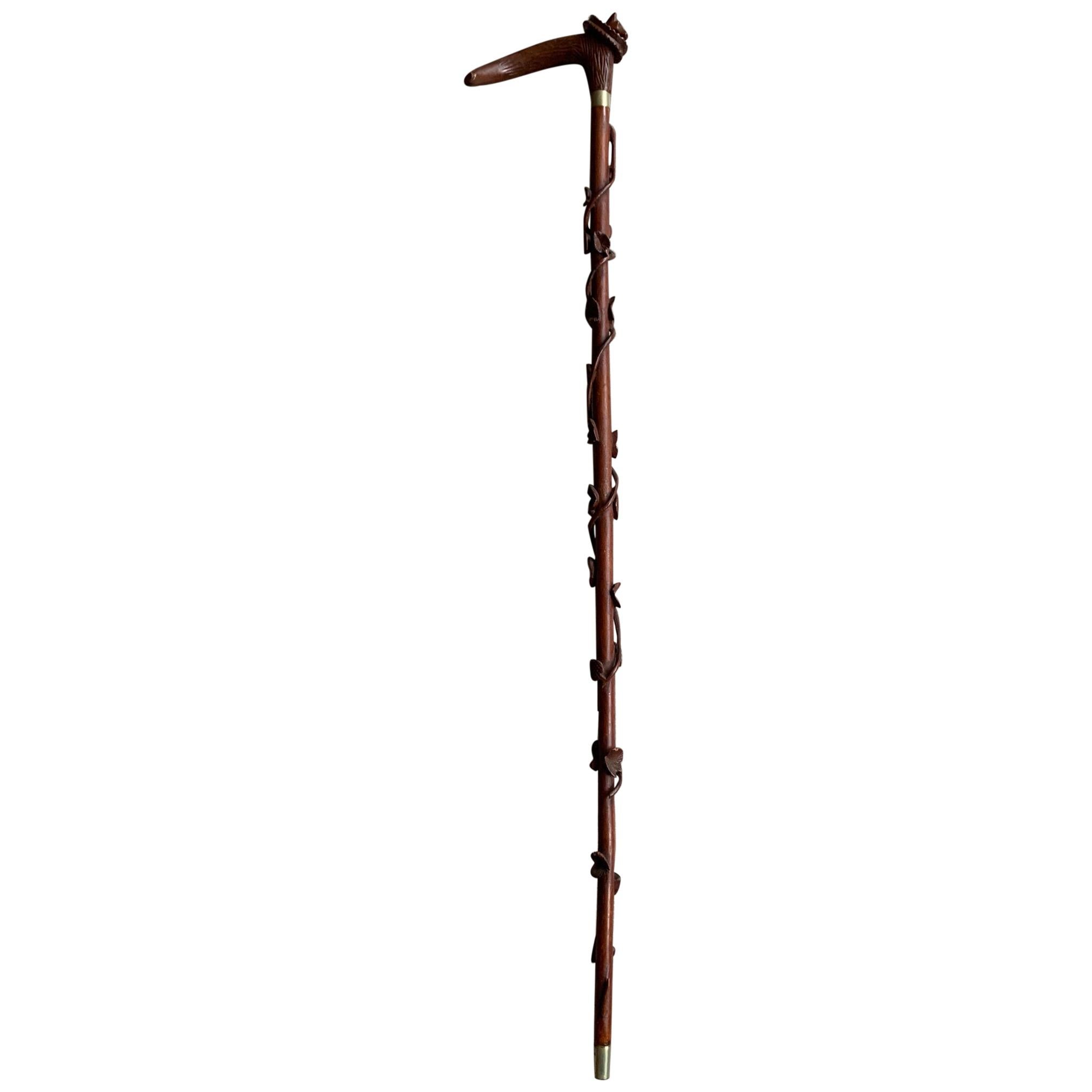 Hunting Cane Walking Stick with Carved Terrier Head and Leaves All Around
