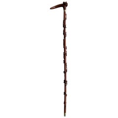 Antique Hunting Cane Walking Stick with Carved Terrier Head and Leaves All Around