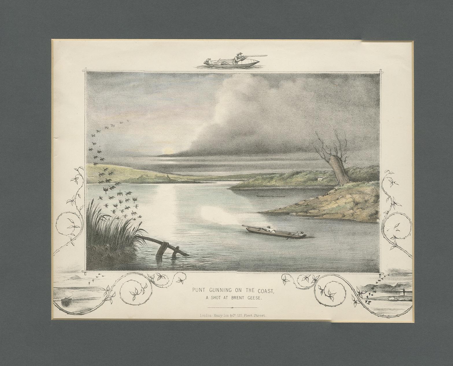 Antique print titled 'Punt gunning on the coast, a shot at Brent Geese'. Published by Henry Lea & Co, London. This print includes a passe partout. Please note that the crooked passe partout lines are caused by the scanner and are not visible on the