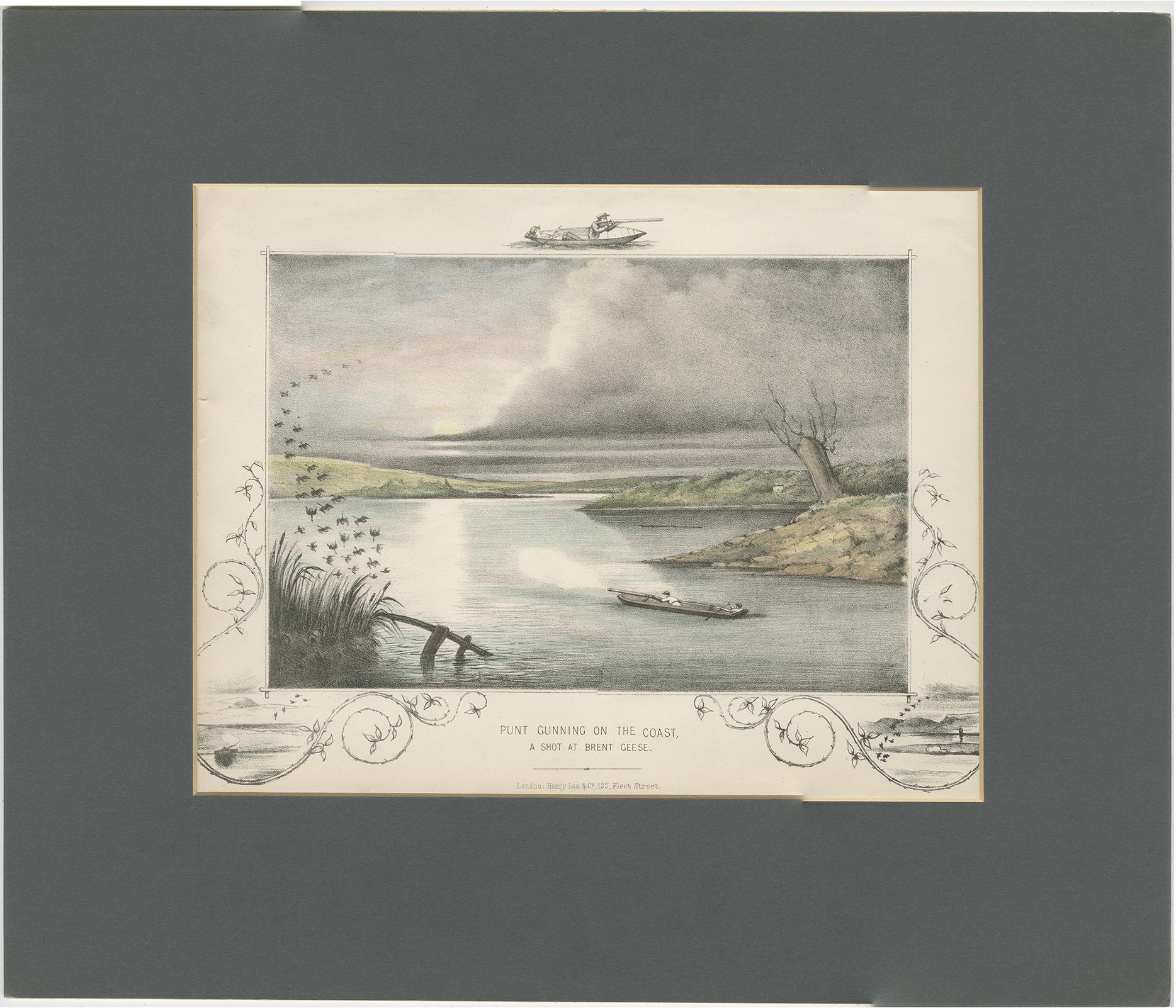 19th Century Antique Hunting Print of a shot at Brent Geese, circa 1863 For Sale