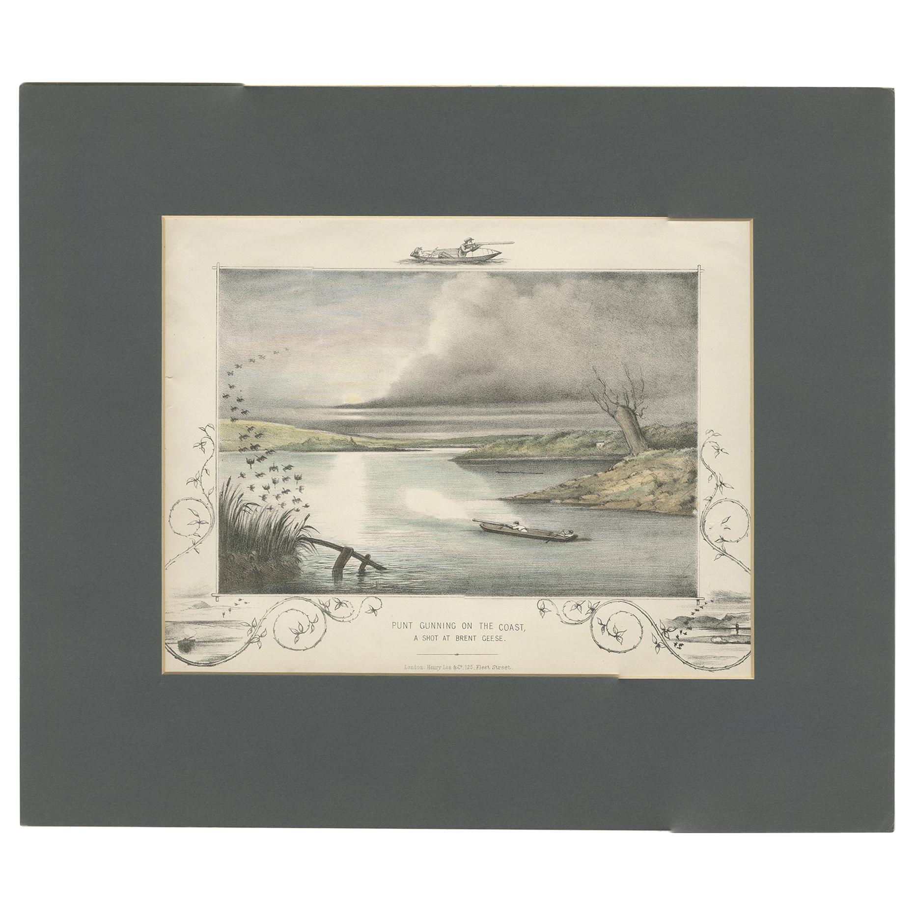 Antique Hunting Print of a shot at Brent Geese, circa 1863