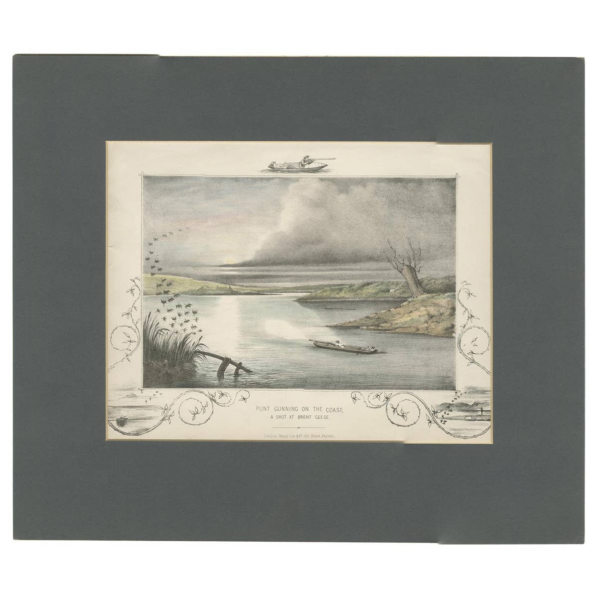 Antique Hunting Print of a shot at Brent Geese, circa 1863