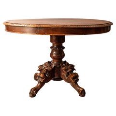 Antique hunting table with carvings, round, folding
